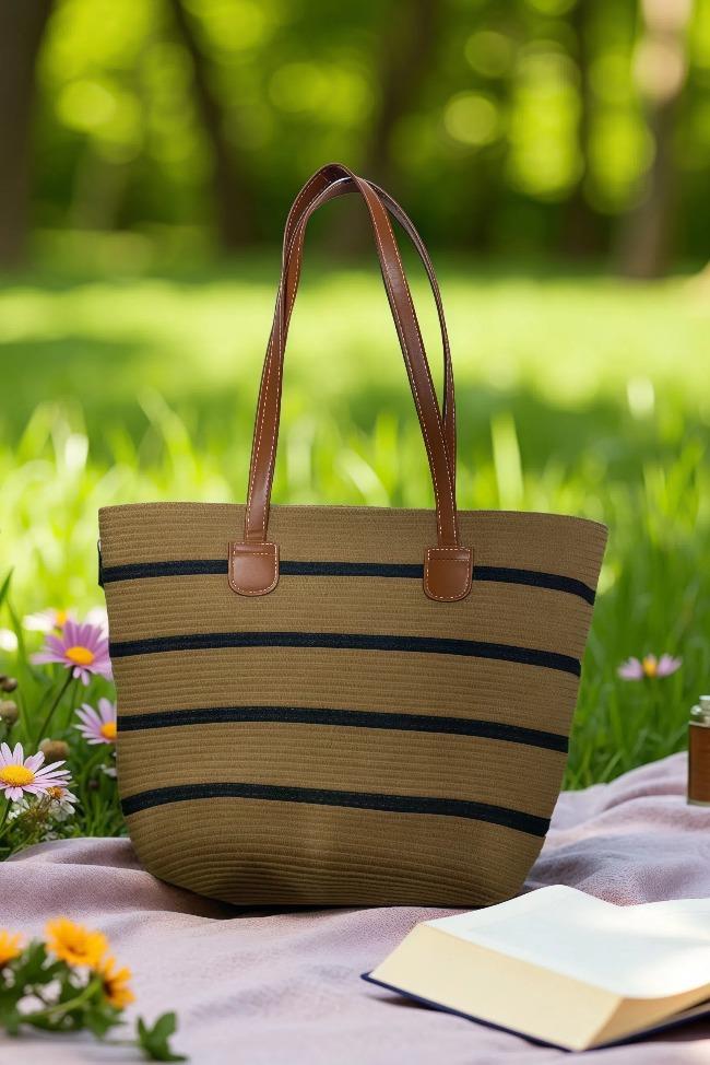 Kahverengi Hasır Siyah Çizgili Plaj Çantası | Markasız