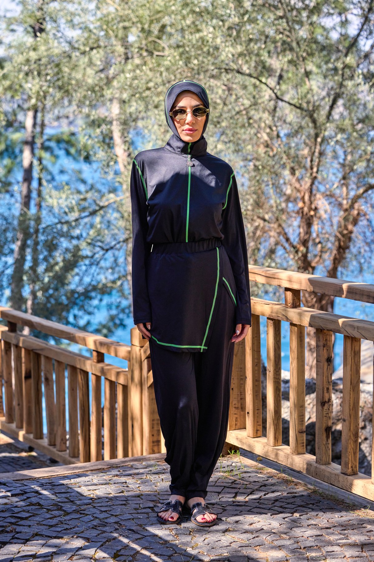 Lycralı Modüler Etekli Sarı Şeritli Tasarım Tesettür Tulum Mayo | Markasız