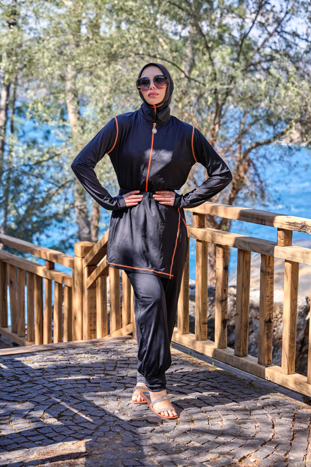 Lycralı Modüler Etekli Turuncu Şeritli Tasarım Tesettür Tulum Mayo | Markasız