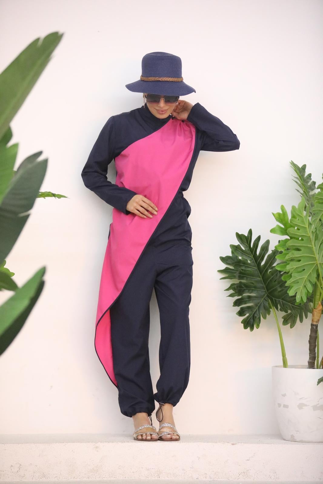 Ocean Pembe Şeritli Lacivert  Tasarım Tesettür Tulum Mayo | NS Tasarim