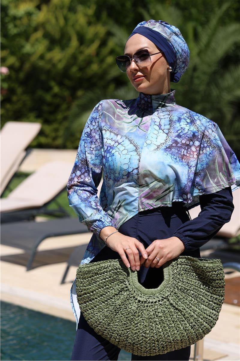 Pelerin Model Blue Garden Desen Tasarım Tesettür Tulum Mayo | NS Tasarim