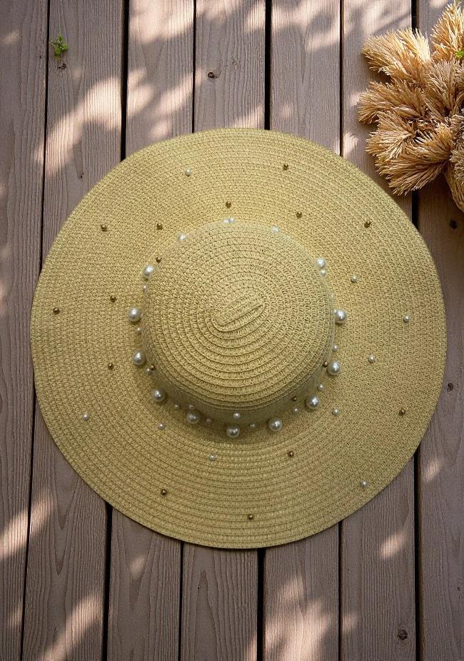 Taş İşlemeli Camel Hasır Plaj Şapkası | NS Tasarim