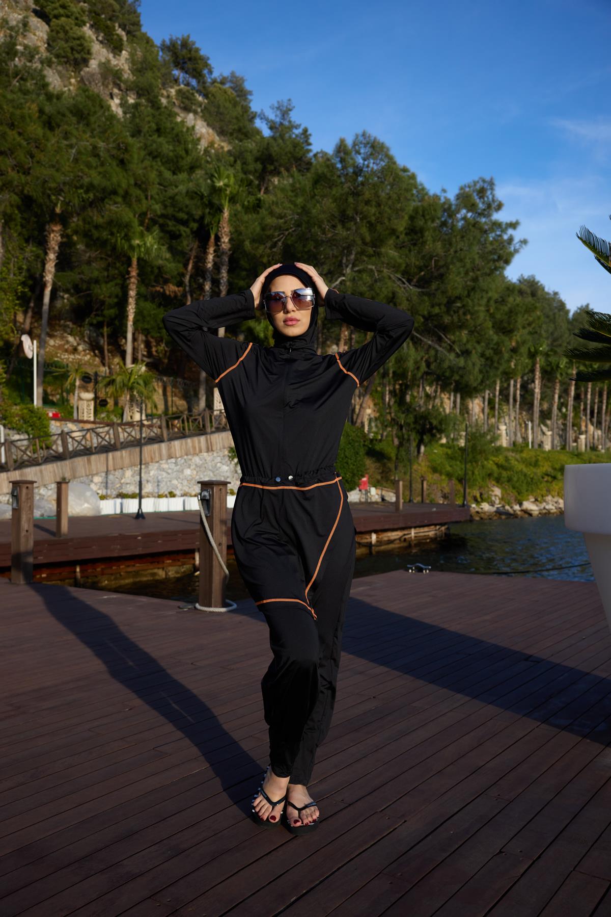 Turuncu Şeritli Allerli Lycralı Tasarım Tesettür Tulum Mayo | Markasız