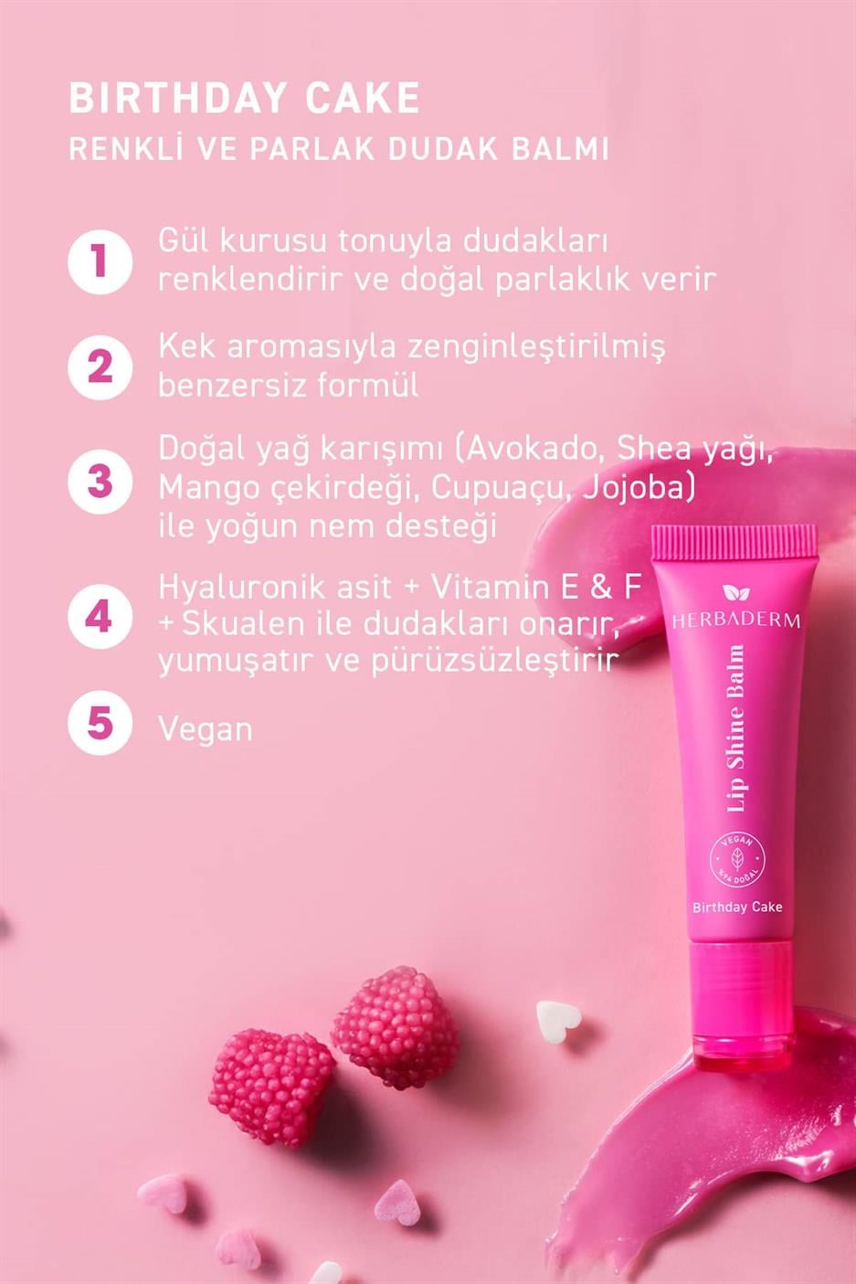 Parlatıcı, Dolgunlaştırıcı, Onarıcı Vegan Dudak Balmı, Meyveli Pasta Aromalı 10 ml