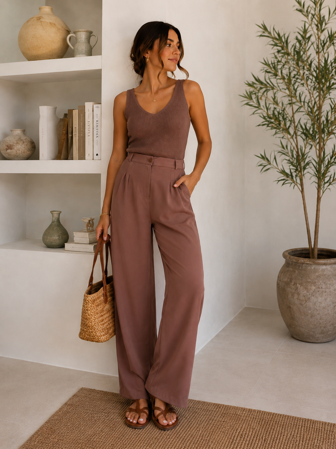 ÇiFT PiLELi AÇIK KAHVE KADIN PANTOLON   
