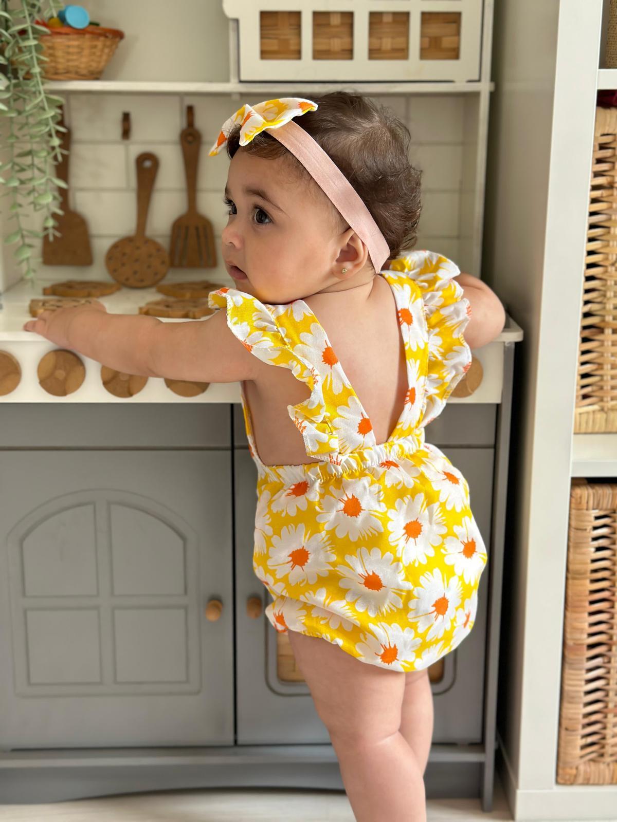 SARI ÇİÇEKLİ ROMPER VE BANDANA SETİ