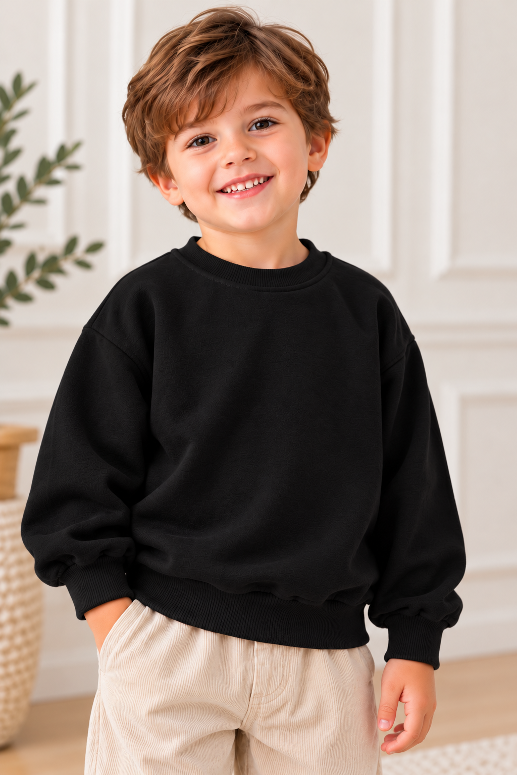 Unisex Çocuk Siyah Bisiklet Yaka İki İplik Şardonsuz Sweatshirt