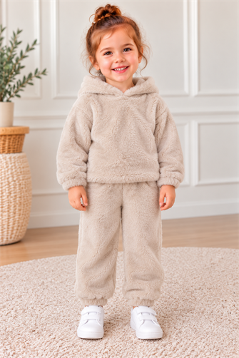 Çocuk BEJ-Krem Yumuşacık Welsoft Peluş Kapüşonlu Sıcak Tutan Takım (Unisex)