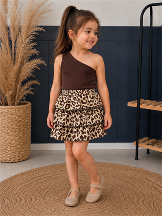 Kız Çocuk Bebek Leopar Desenli Kat Kat Etek ve Kahverengi Tek Omuzlu Fitilli Crop Top Takımı Yazlık Şık ve Rahat İkili Kombin Çocuk ve Bebek Giyim