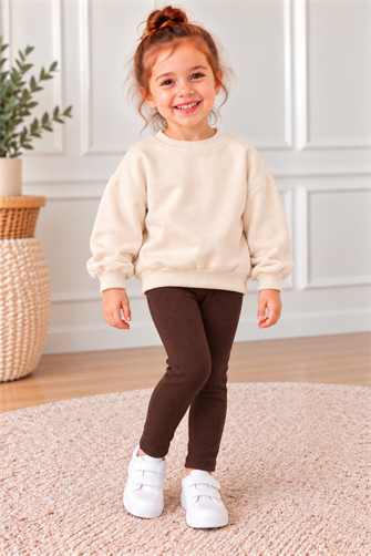 Kız Çocuk Krem İki İplik Şardonlu Oversize Sweatshirt ve Kahverengi Fitilli Ribana Taytlı İkili Takım