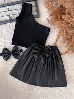 SiYAH DERi ETEK SiYAH CROP VE BANDANA SETi