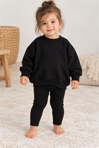 Unisex Bebek & Çocuk Siyah İki İplik Şardonlu Sweatshirt ve Fitilli Ribana Tayt Alt Üst Takım