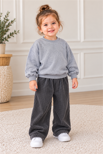 Unisex Çocuk Gri Oversize İki İplik Şardonlu Sweatshirt ve Fitilli Kadife Balon Pantolon Kışlık İkili Takım