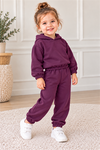 Unisex Çocuk Patlıcan Moru Düz Renk 2 İplik İçi Şardonlu Kapüşonlu Lastikli Balon Pantolon Takım