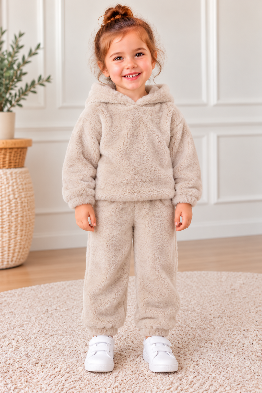 Çocuk BEJ-Krem Yumuşacık Welsoft Peluş Kapüşonlu Sıcak Tutan Takım (Unisex)