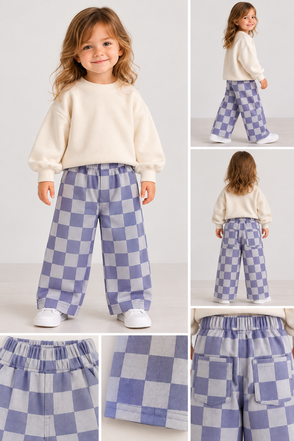 Gabardin Kumaş Unisex Çocuk Lila Dama Desenli Salaş Balon Kesim Beli Lastikli Rahat Pantolon