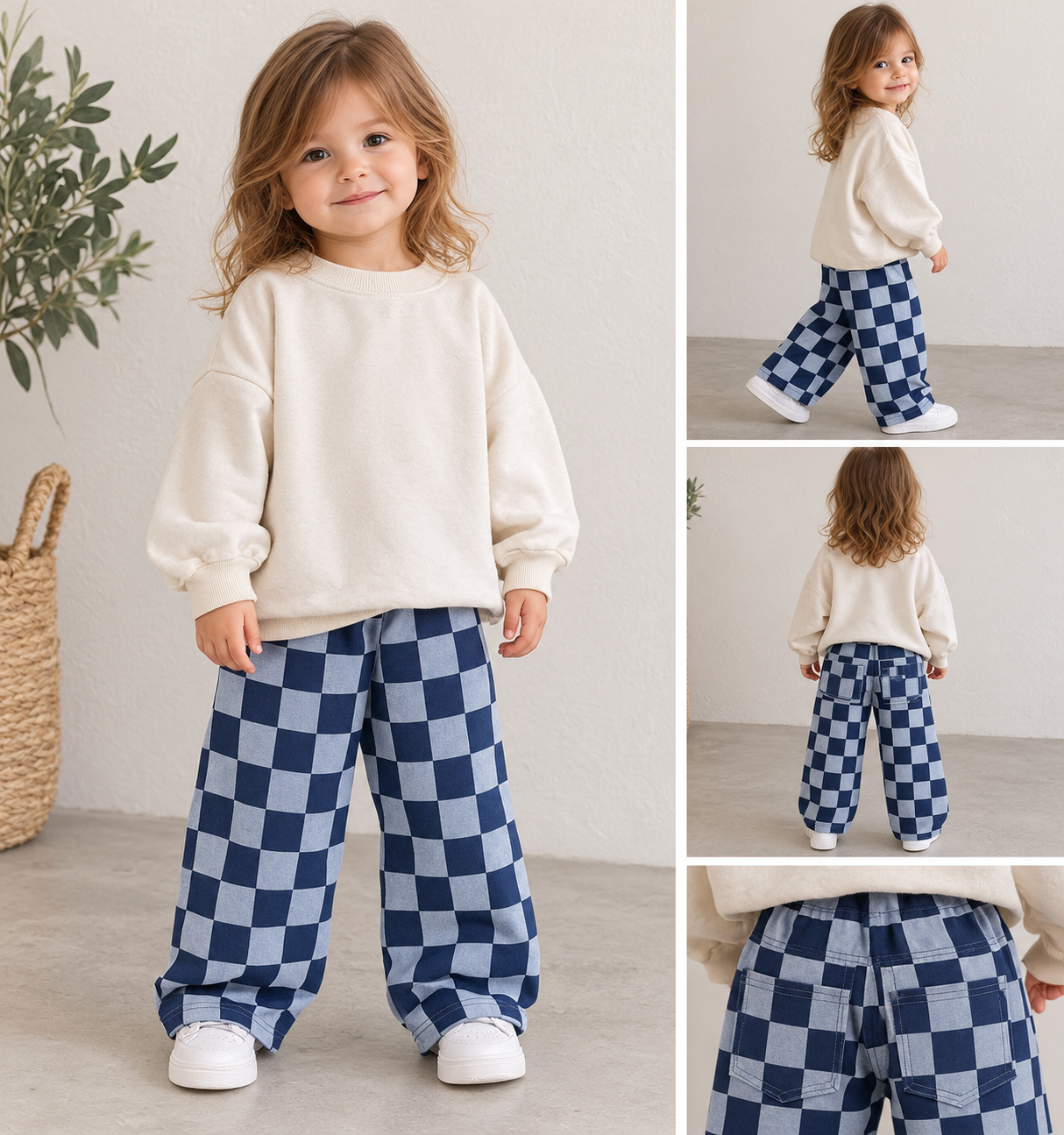 Gabardin Kumaş Unisex Çocuk Mavi Dama Desenli Salaş Balon Kesim Beli Lastikli Rahat Pantolon