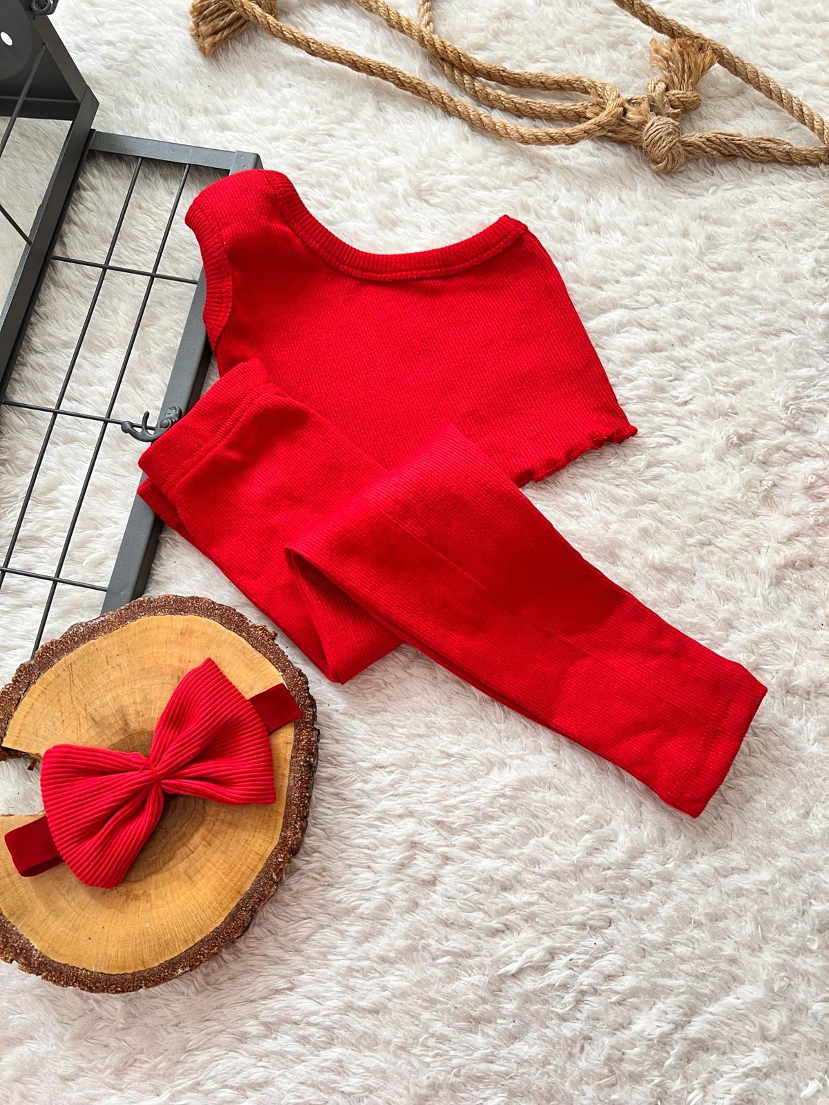 KIRMIZI TEK KOL CROP-TAYT VE BANDANA SETİ