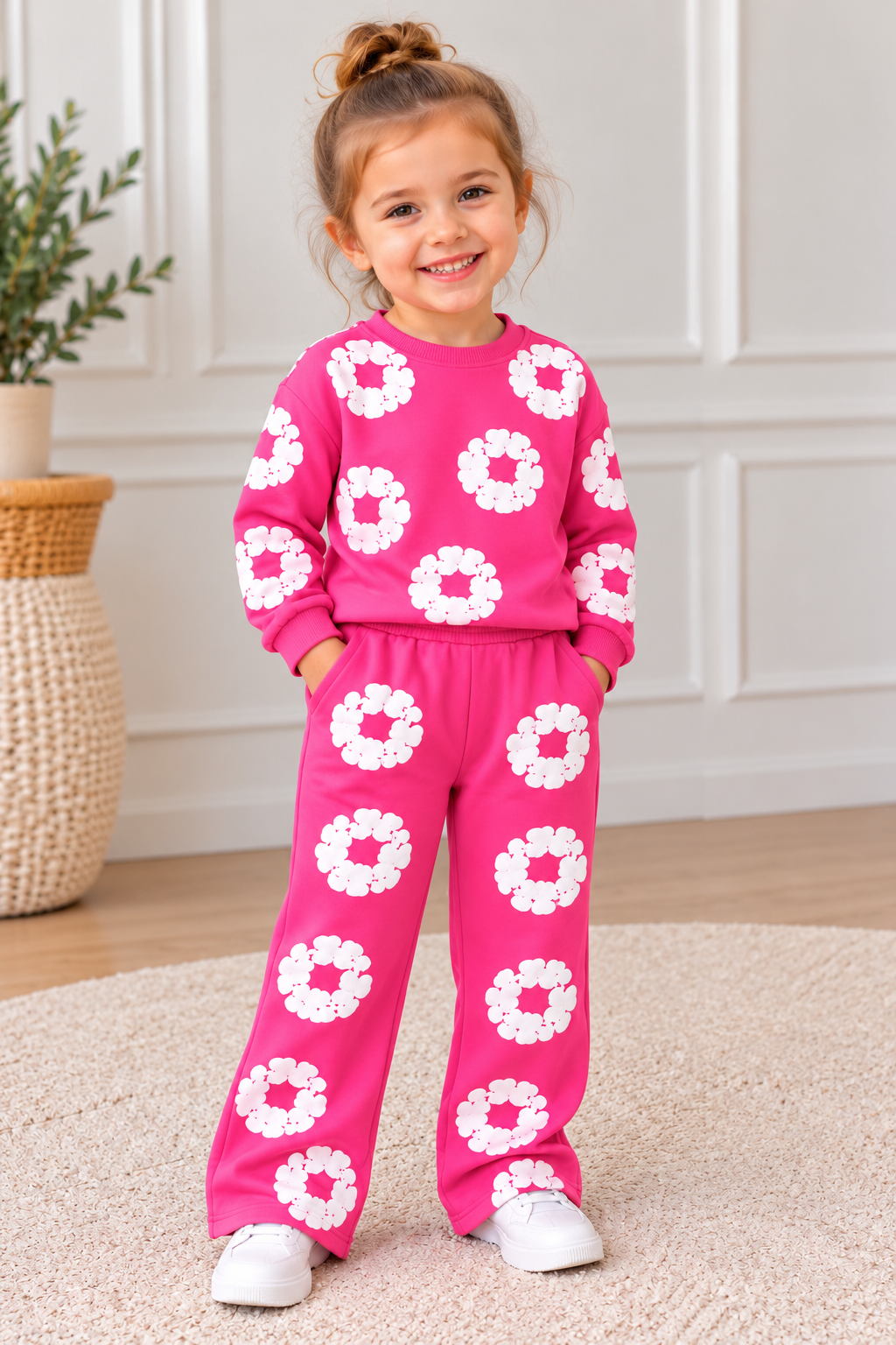 Kız Çocuk Çiçek Baskılı Üç İplik Şardonlu Pembe Sweatshirt Alt Üst Takım
