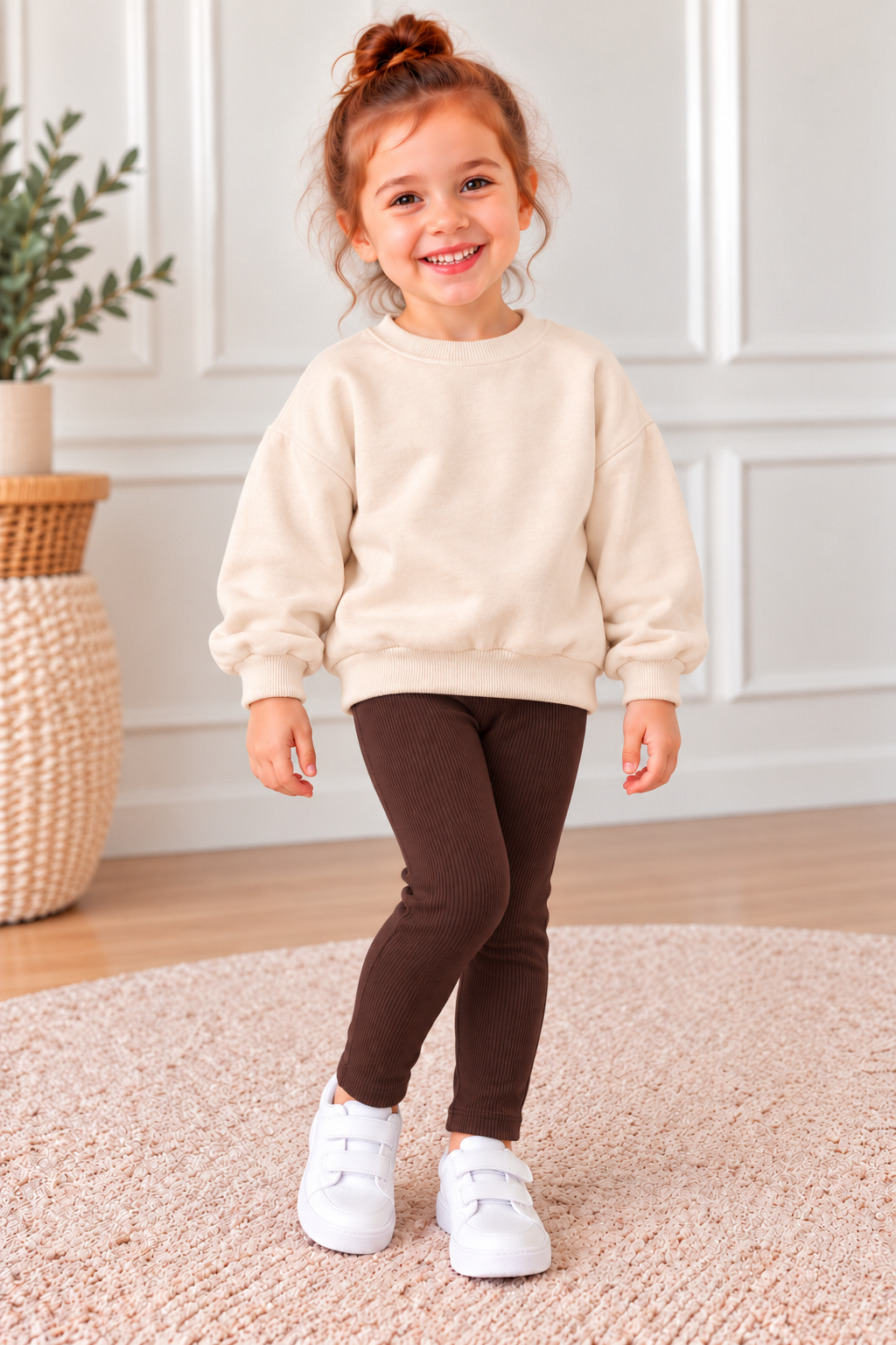 Kız Çocuk Krem İki İplik Şardonlu Oversize Sweatshirt ve Kahverengi Fitilli Ribana Taytlı İkili Takım