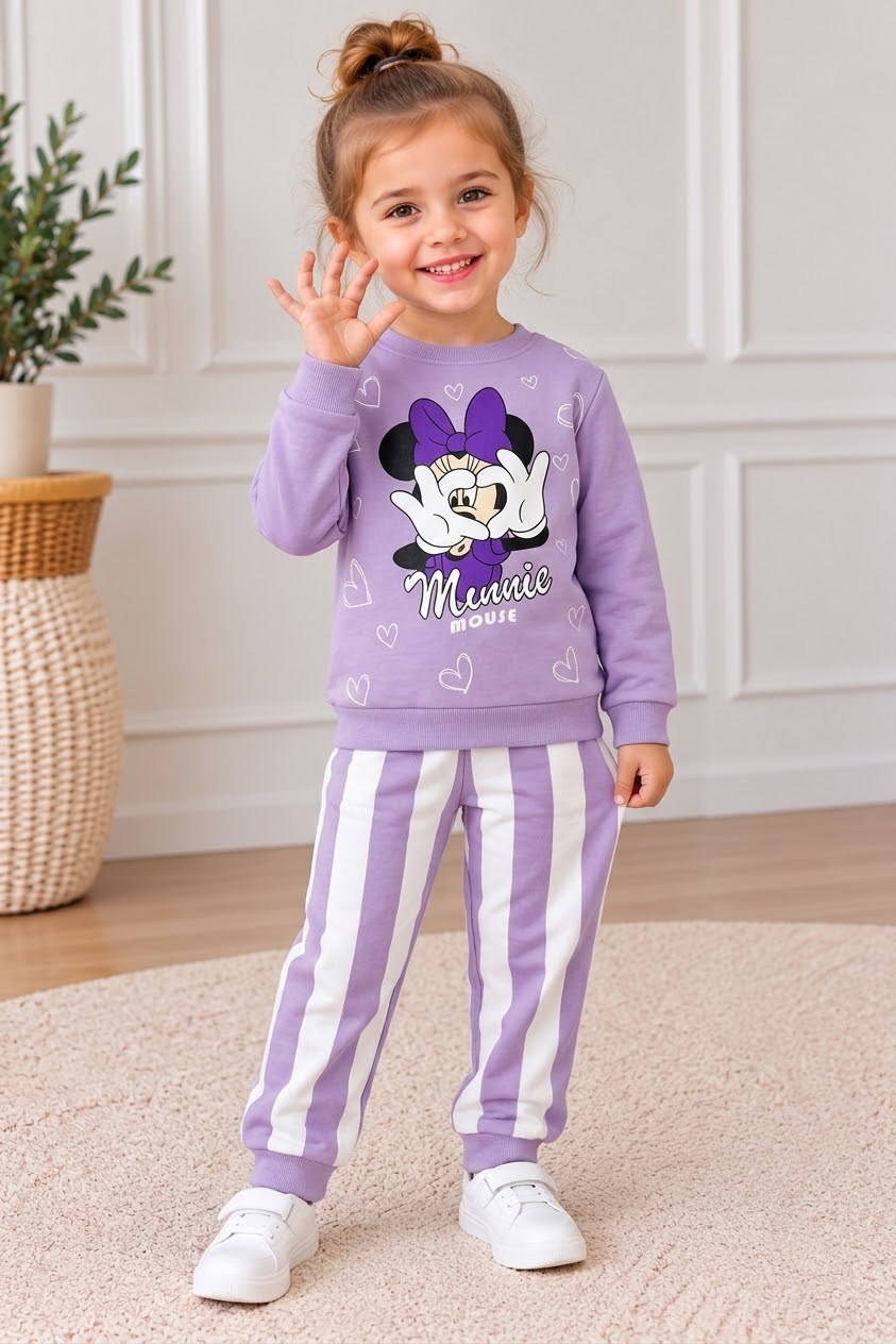 Kız Çocuk Lila Minnie Mouse Desenli Çizgili Pantolonlu 3 İplik İçi Şardonlı Sweatshirt Eşofman Takımı