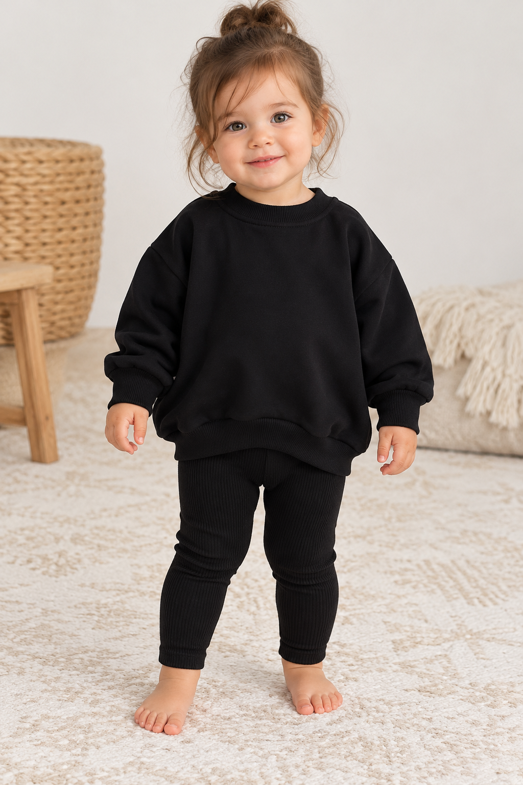 Unisex Bebek & Çocuk Siyah İki İplik Şardonlu Sweatshirt ve Fitilli Ribana Tayt Alt Üst Takım