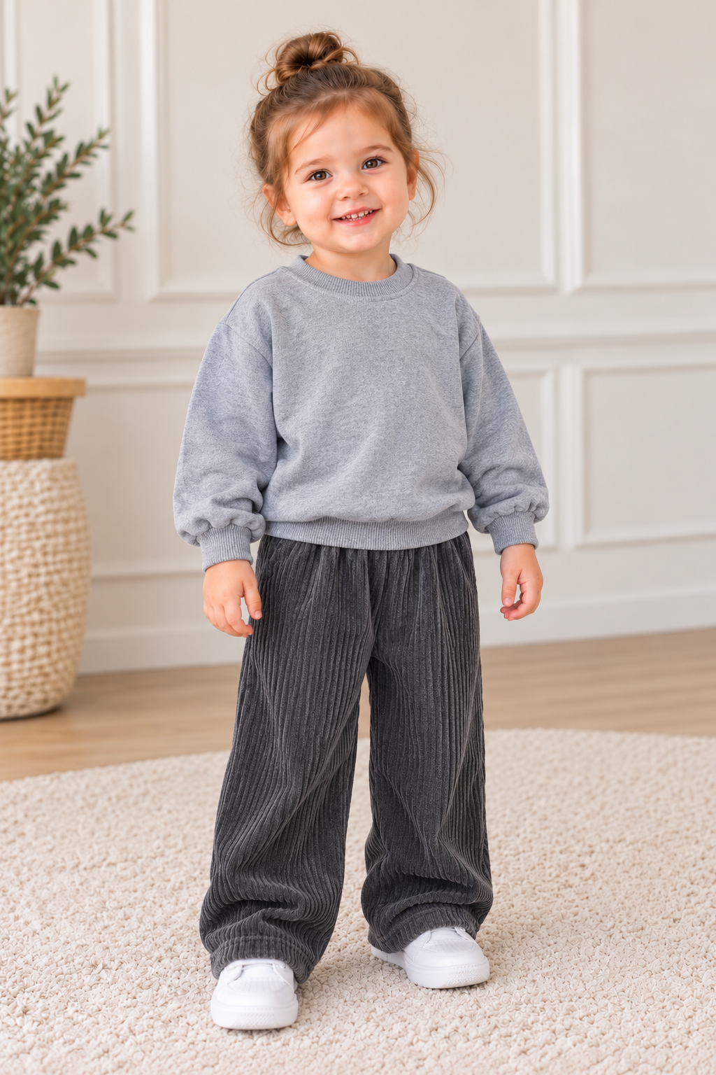 Unisex Çocuk Gri Oversize İki İplik Şardonlu Sweatshirt ve Fitilli Kadife Balon Pantolon Kışlık İkili Takım