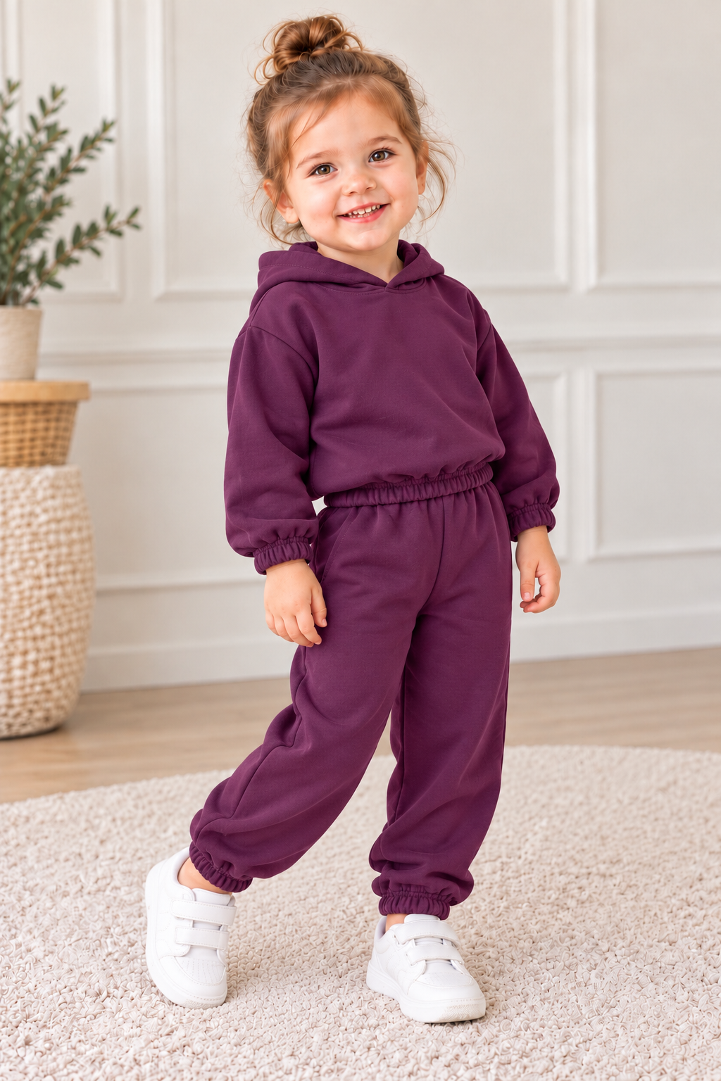 Unisex Çocuk Patlıcan Moru Düz Renk 2 İplik İçi Şardonlu Kapüşonlu Lastikli Balon Pantolon Takım