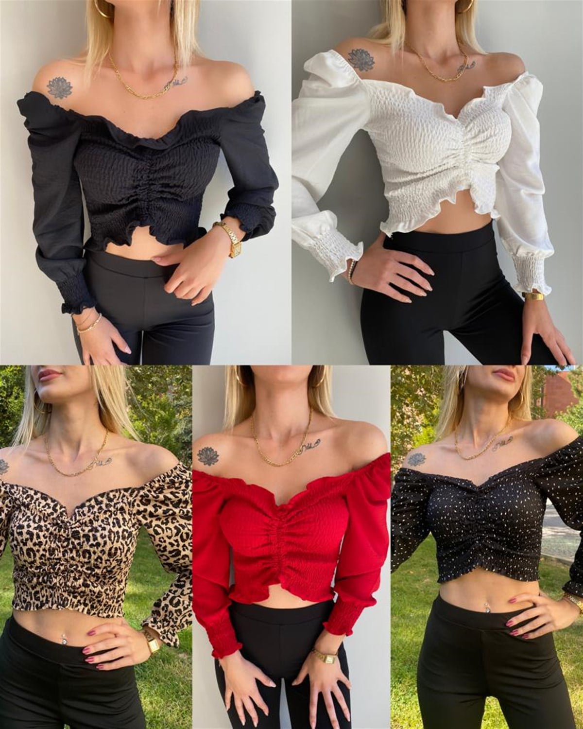  Kadın Ön Büzgü Leopar  Uzun Kollu Madonna Yaka Crop Bluz