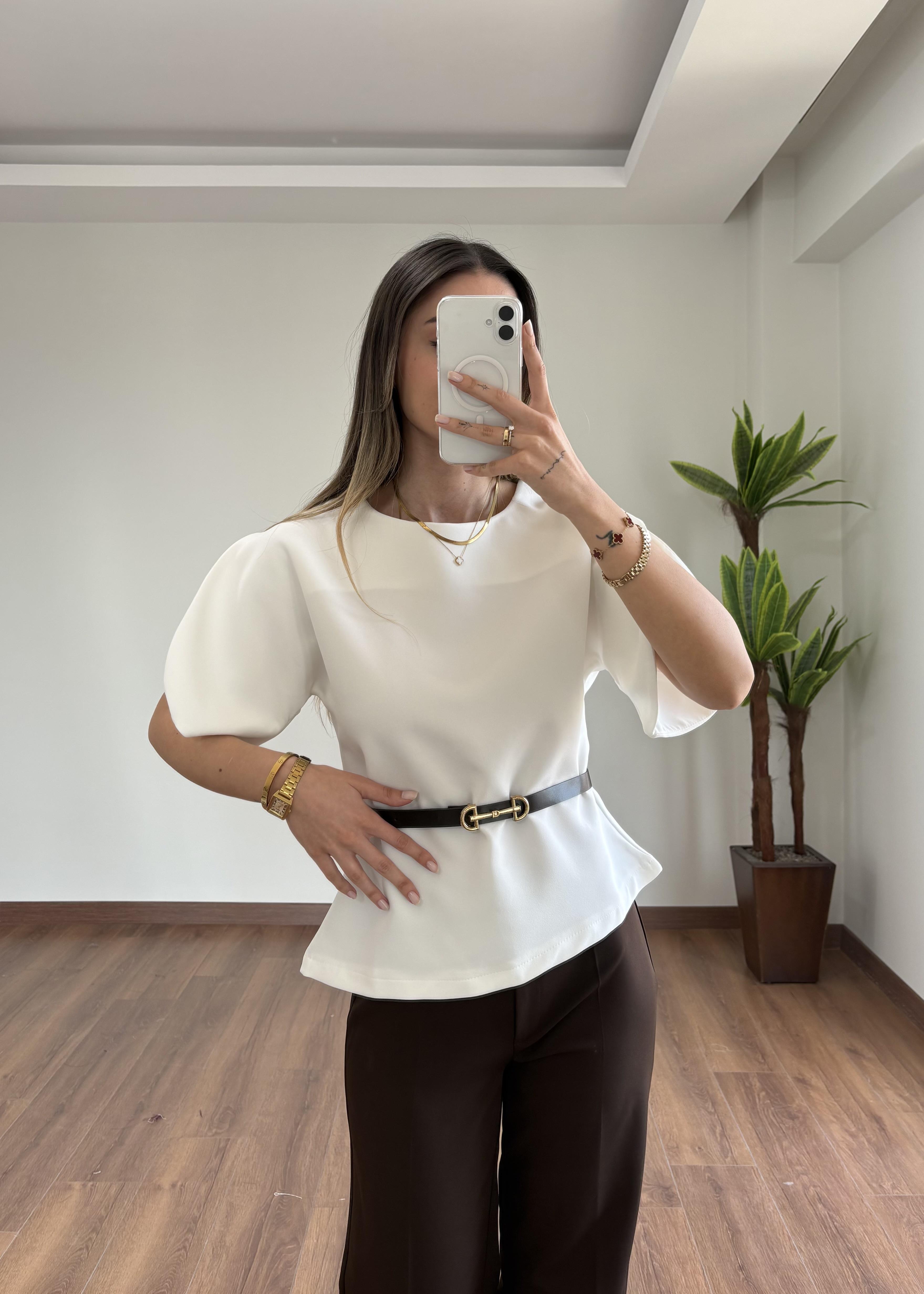 Belissa Kemerli Tasarım Beyaz Bluz