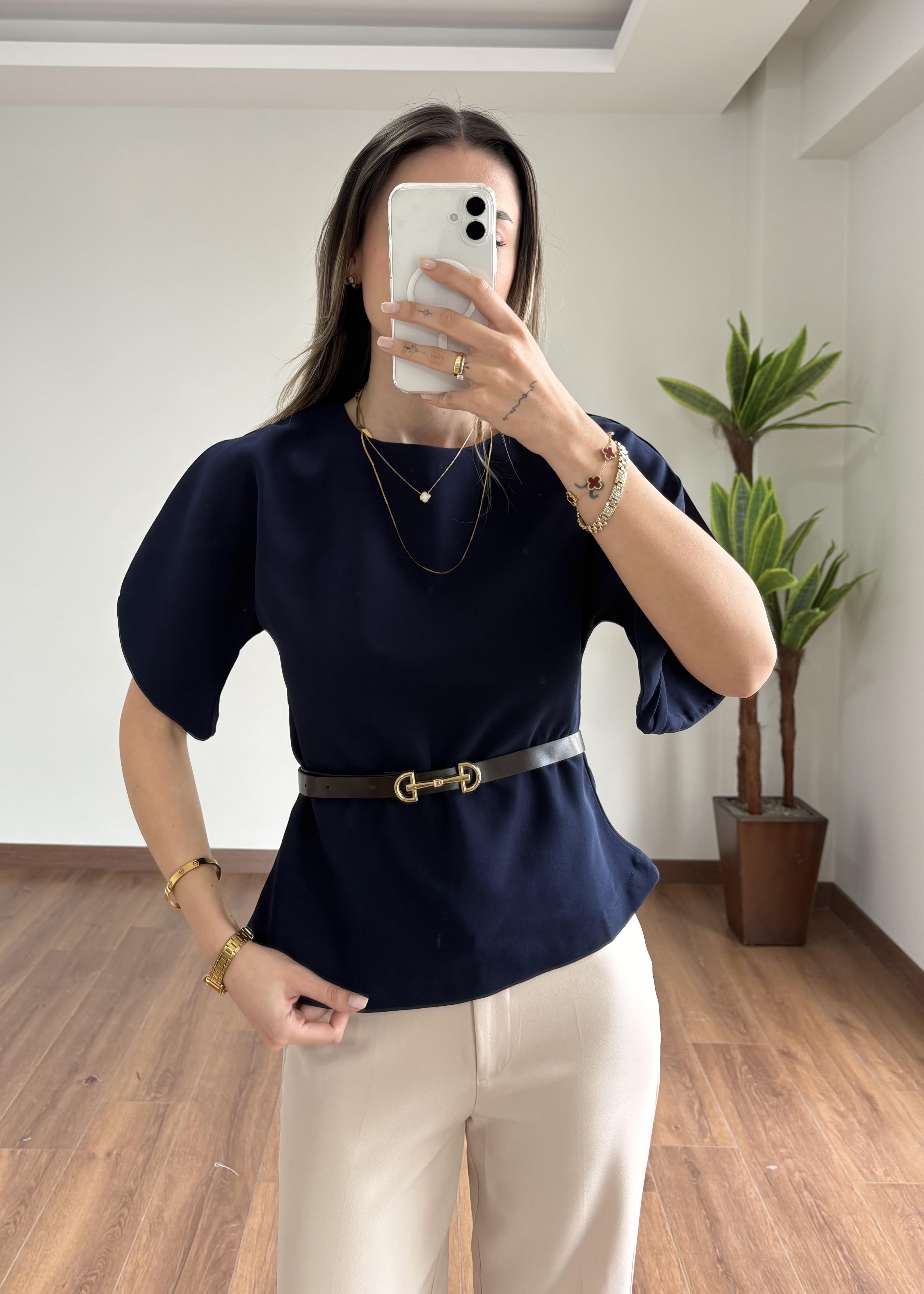 Belissa Kemerli Tasarım Lacivert  Bluz