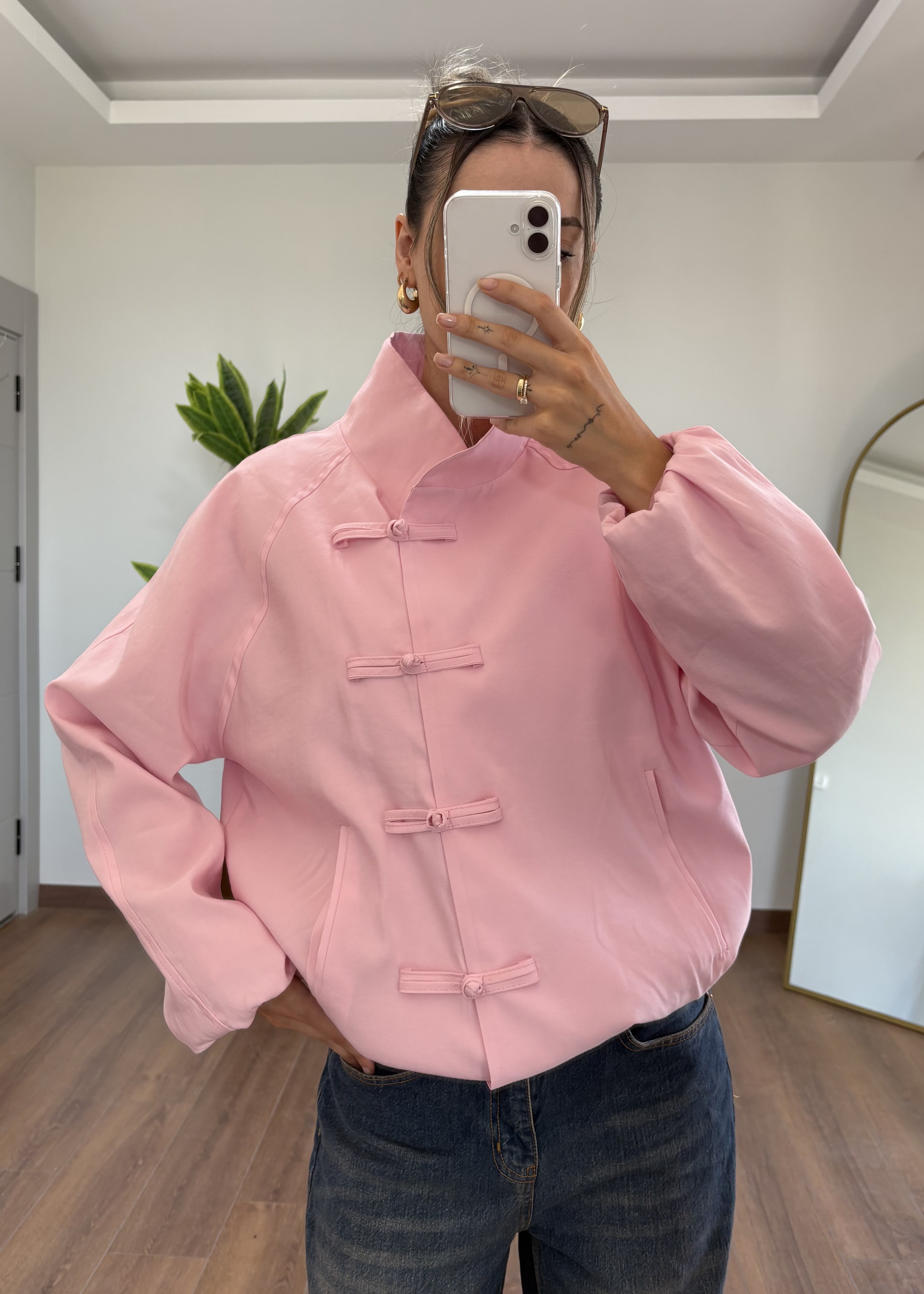 Çin Düğme Pembe Ceket