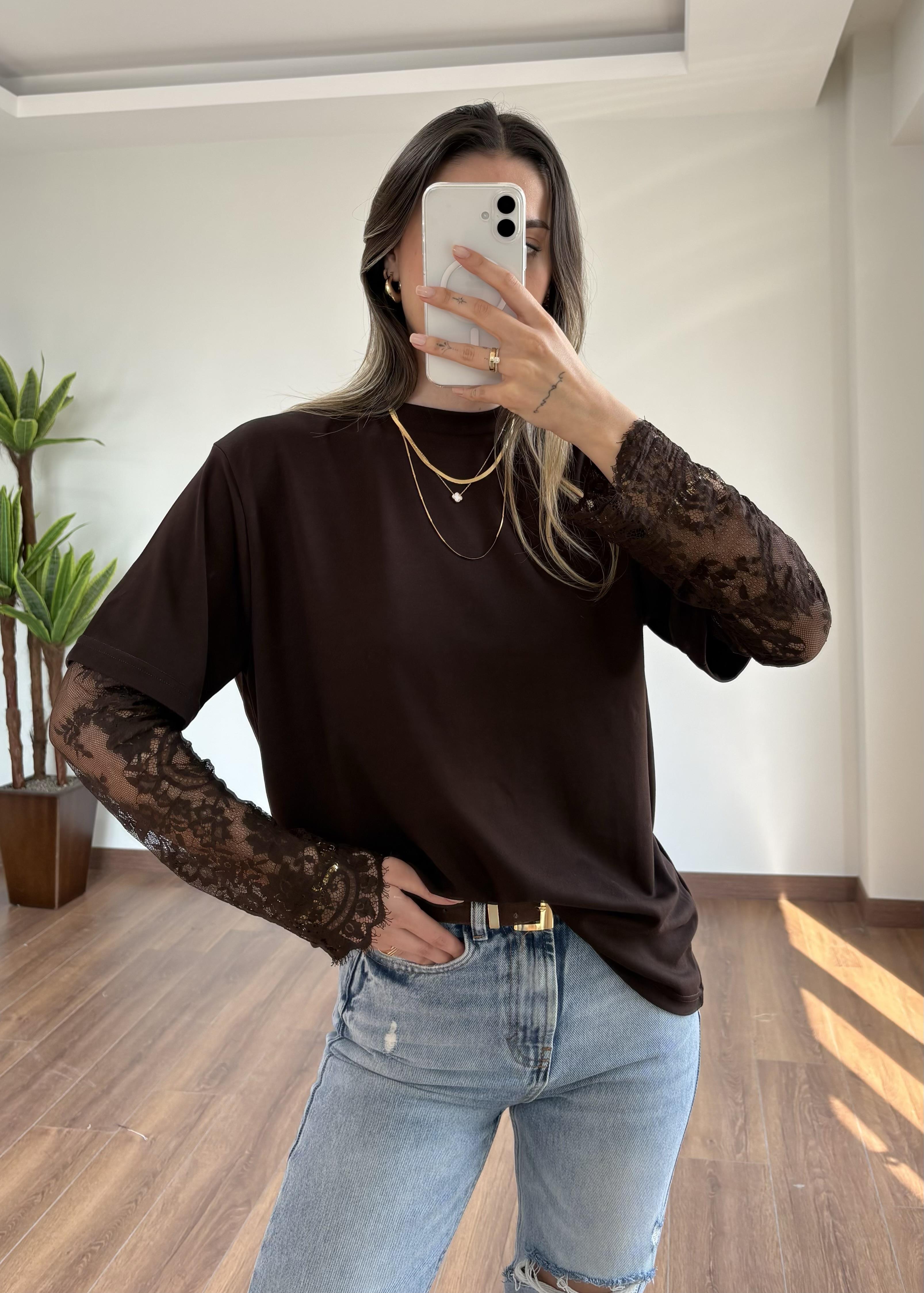 Dantelli Kahverengi Tshirt