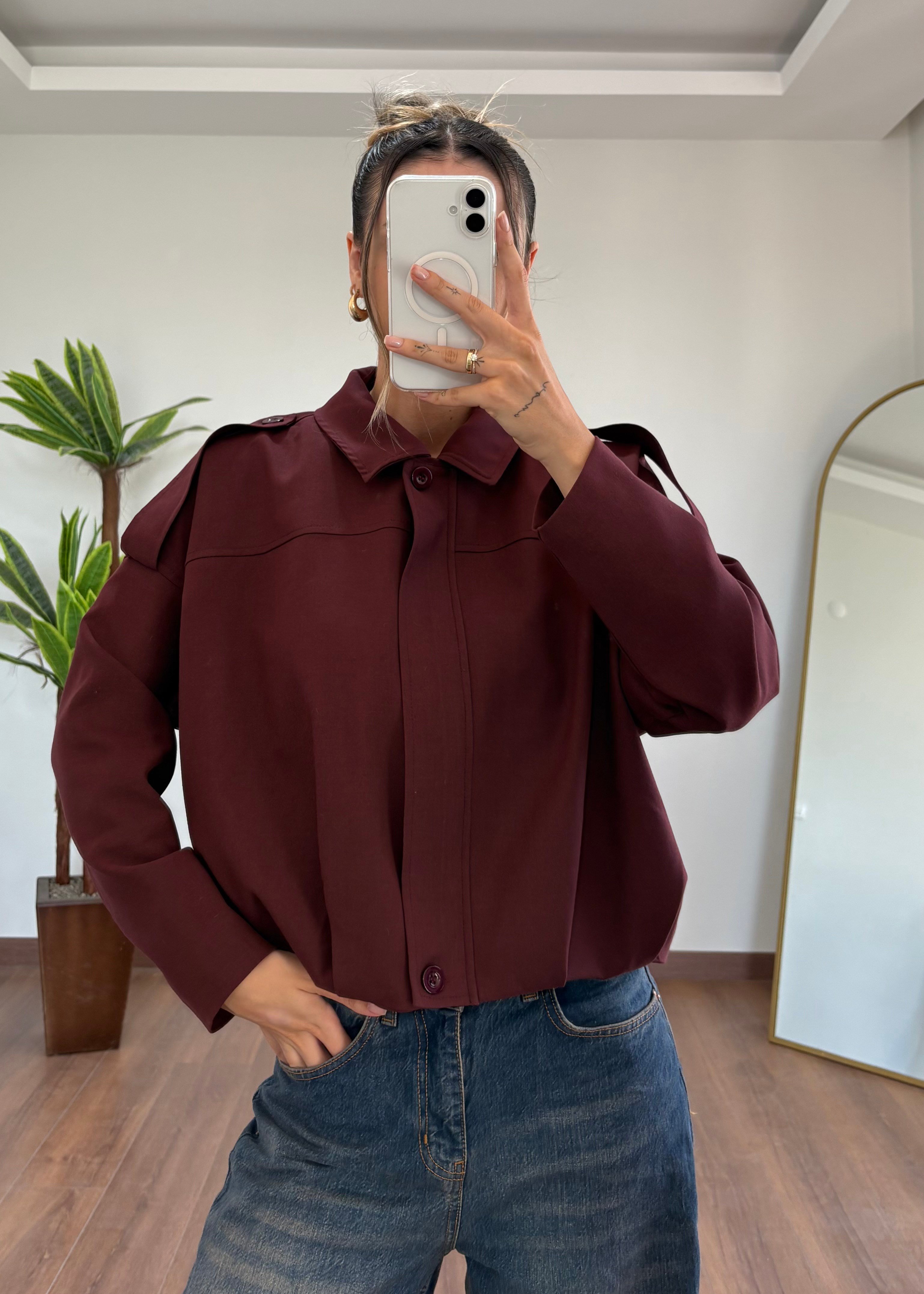 Double Krep Kumaş Bordo Bomber Ceket