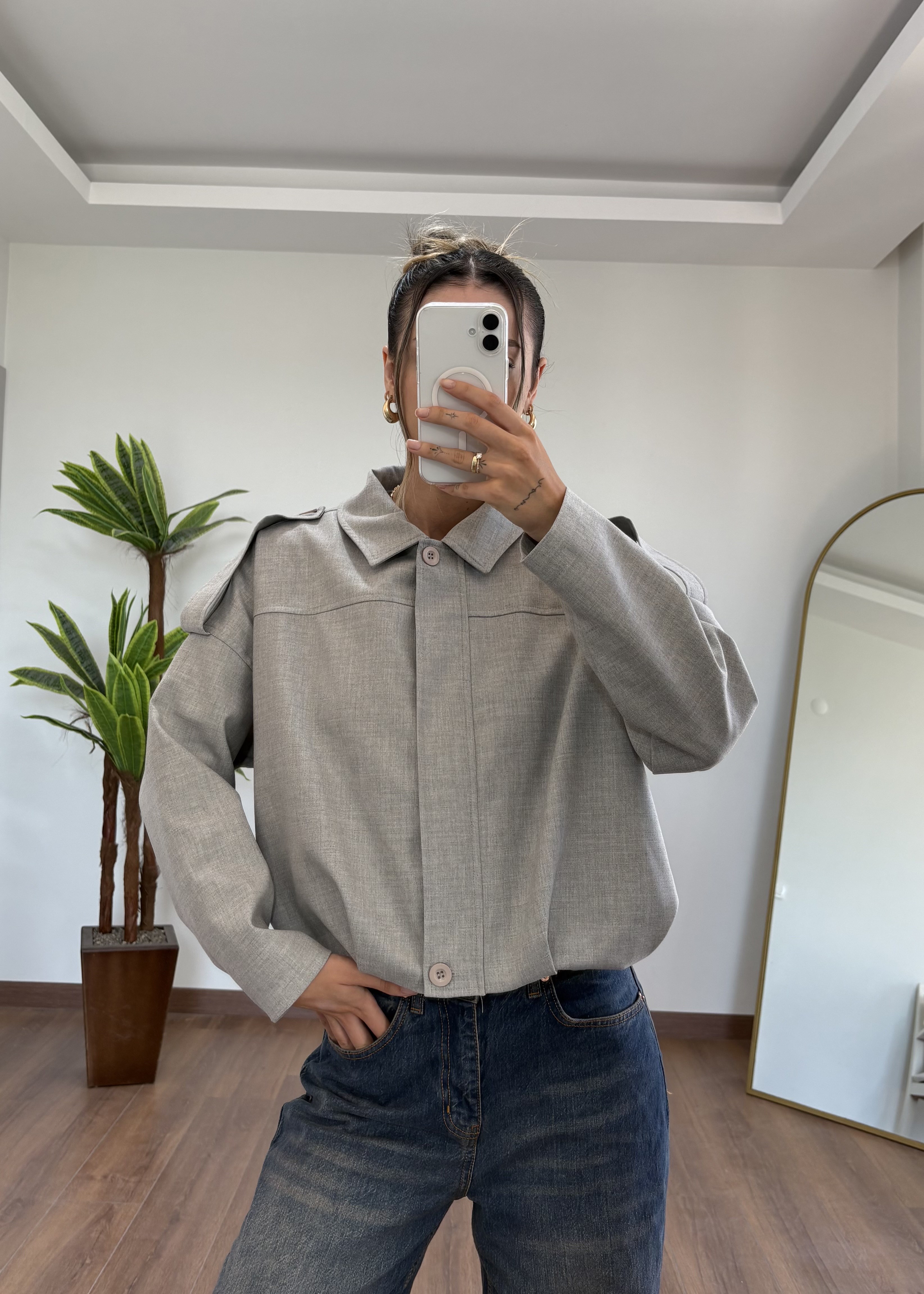 Double Krep Kumaş Gri Bomber Ceket