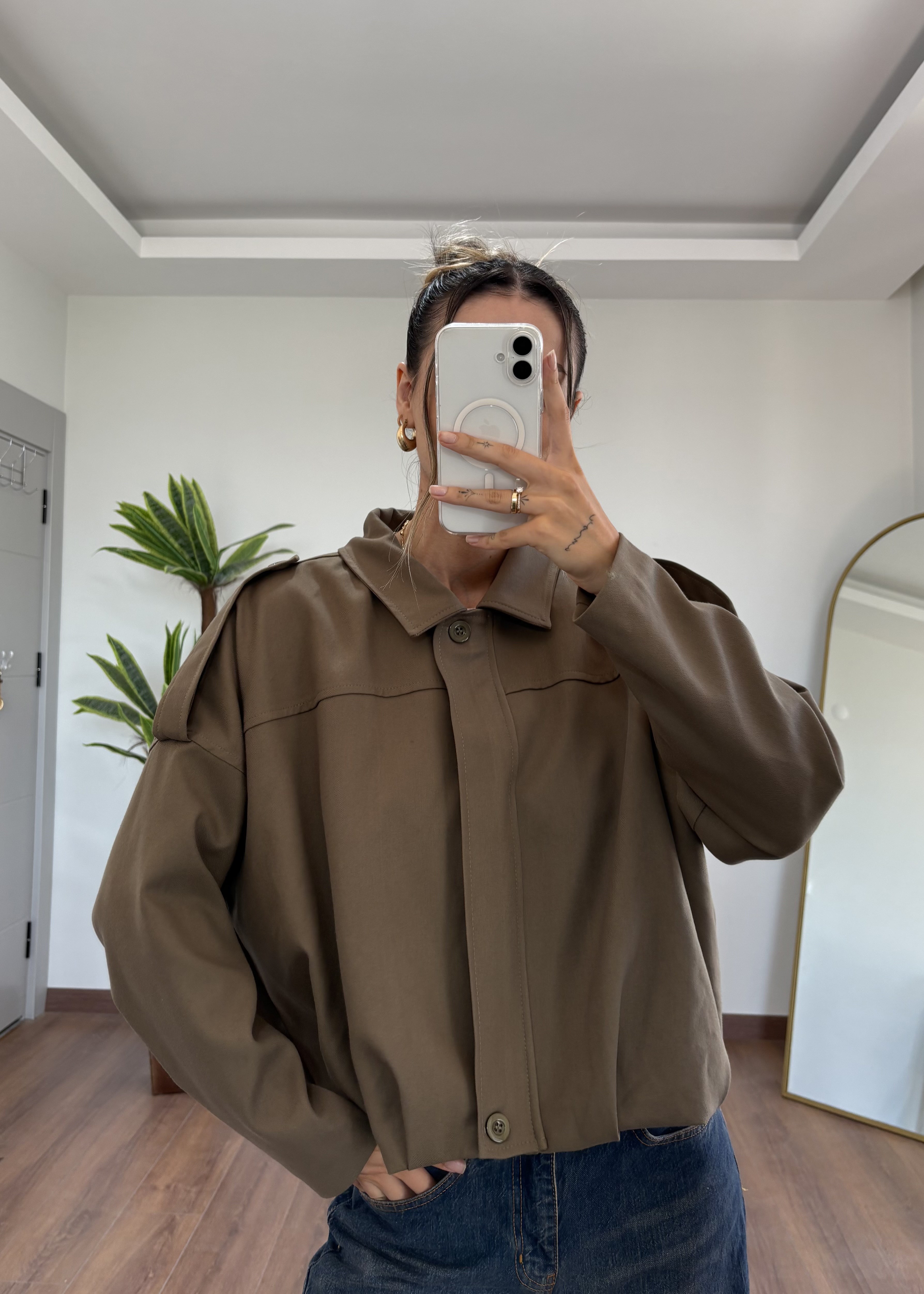 Double Krep Kumaş Haki Bomber Ceket