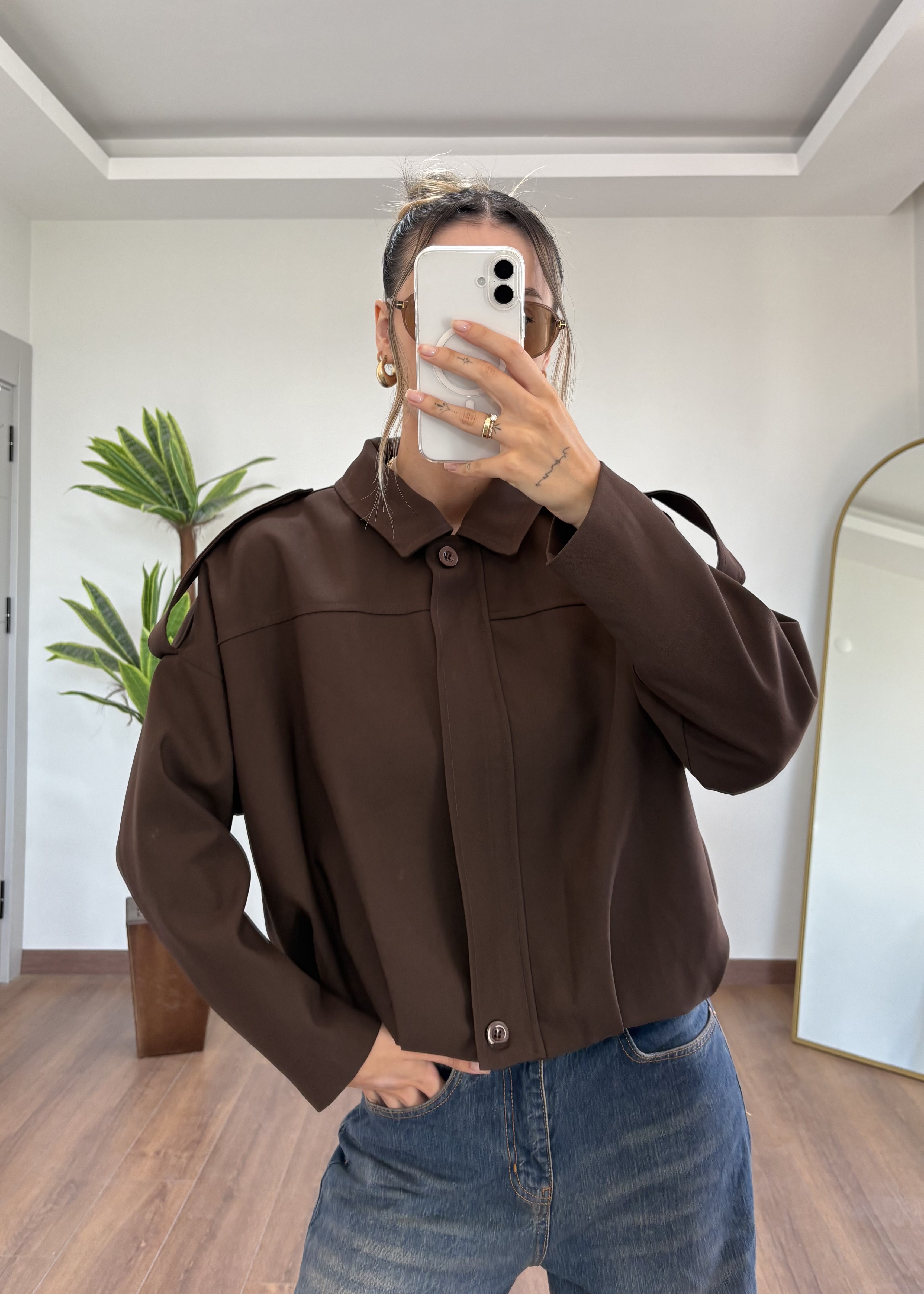 Double Krep Kumaş Kahverengi Bomber Ceket
