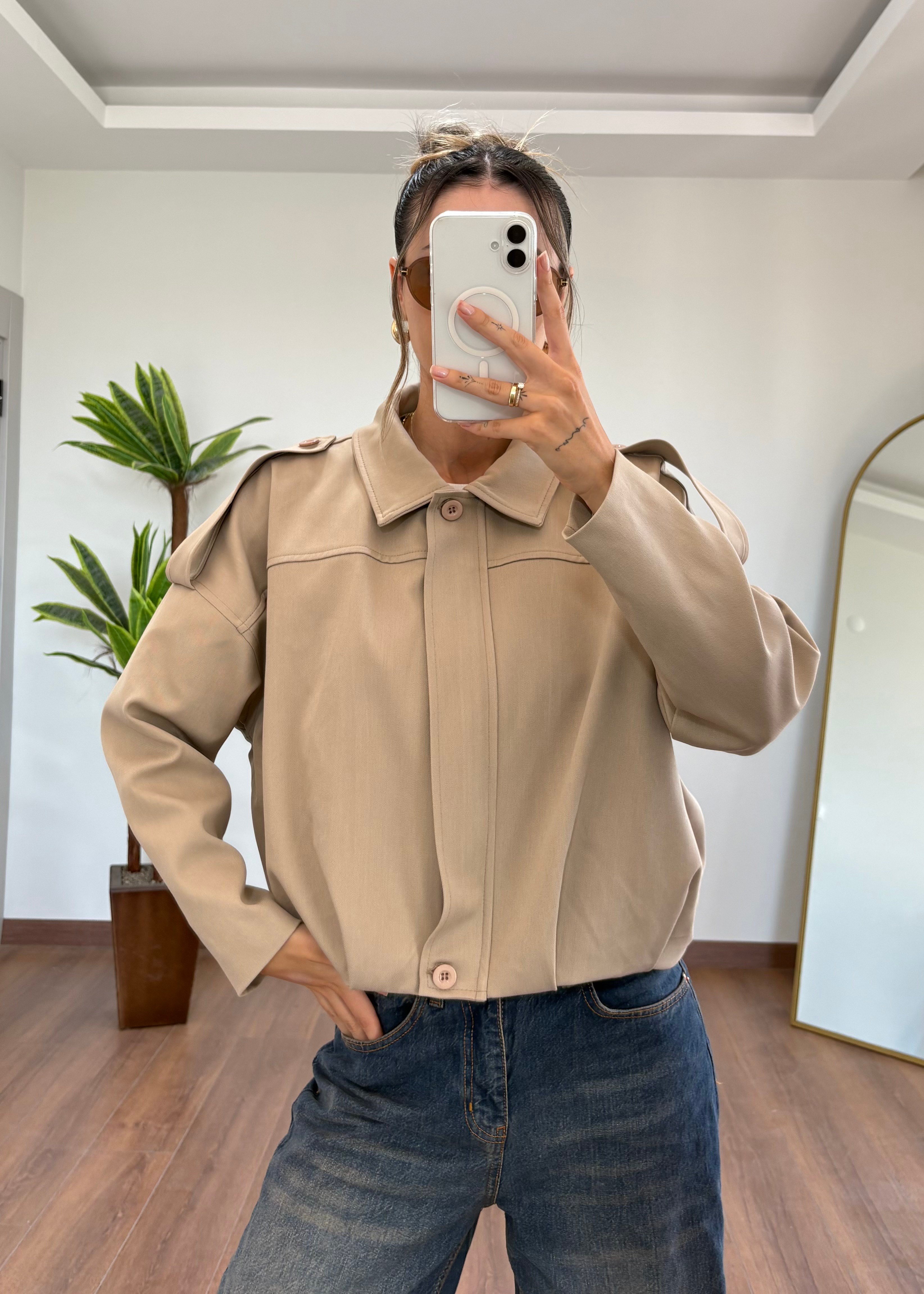 Double Krep Kumaş Krem Bomber Ceket
