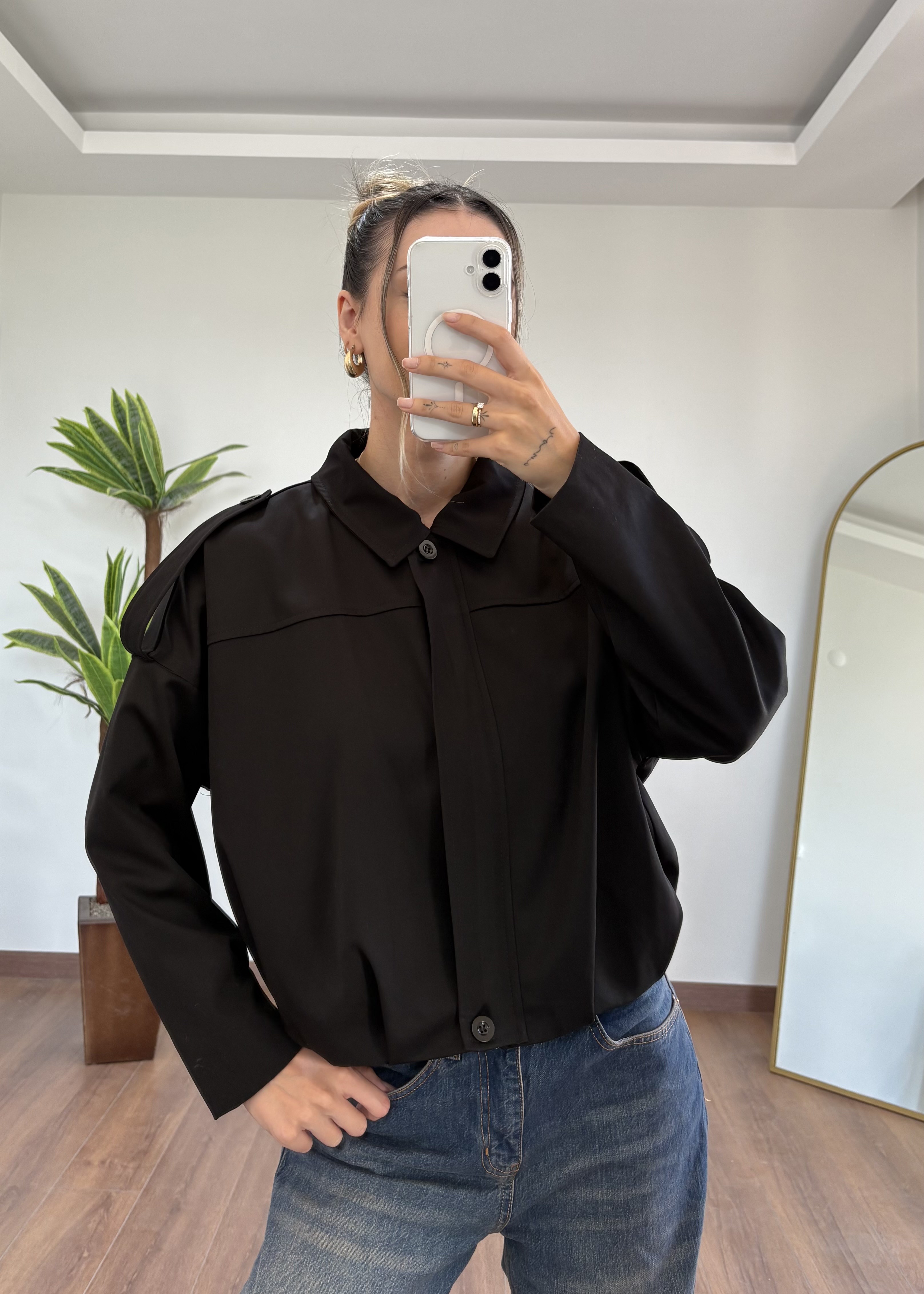 Double Krep Kumaş Siyah Bomber Ceket