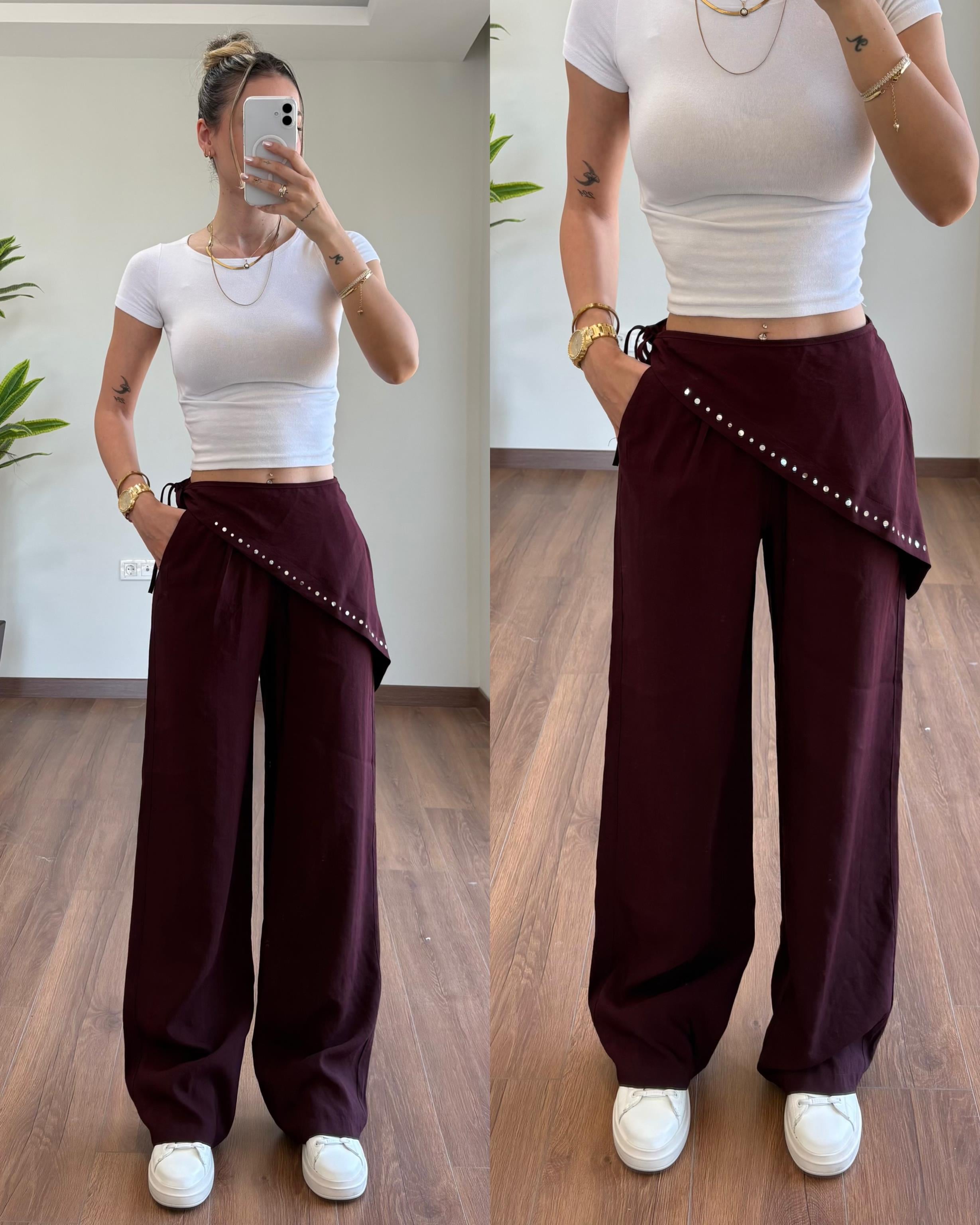 Fularlı Bordo Pantolon