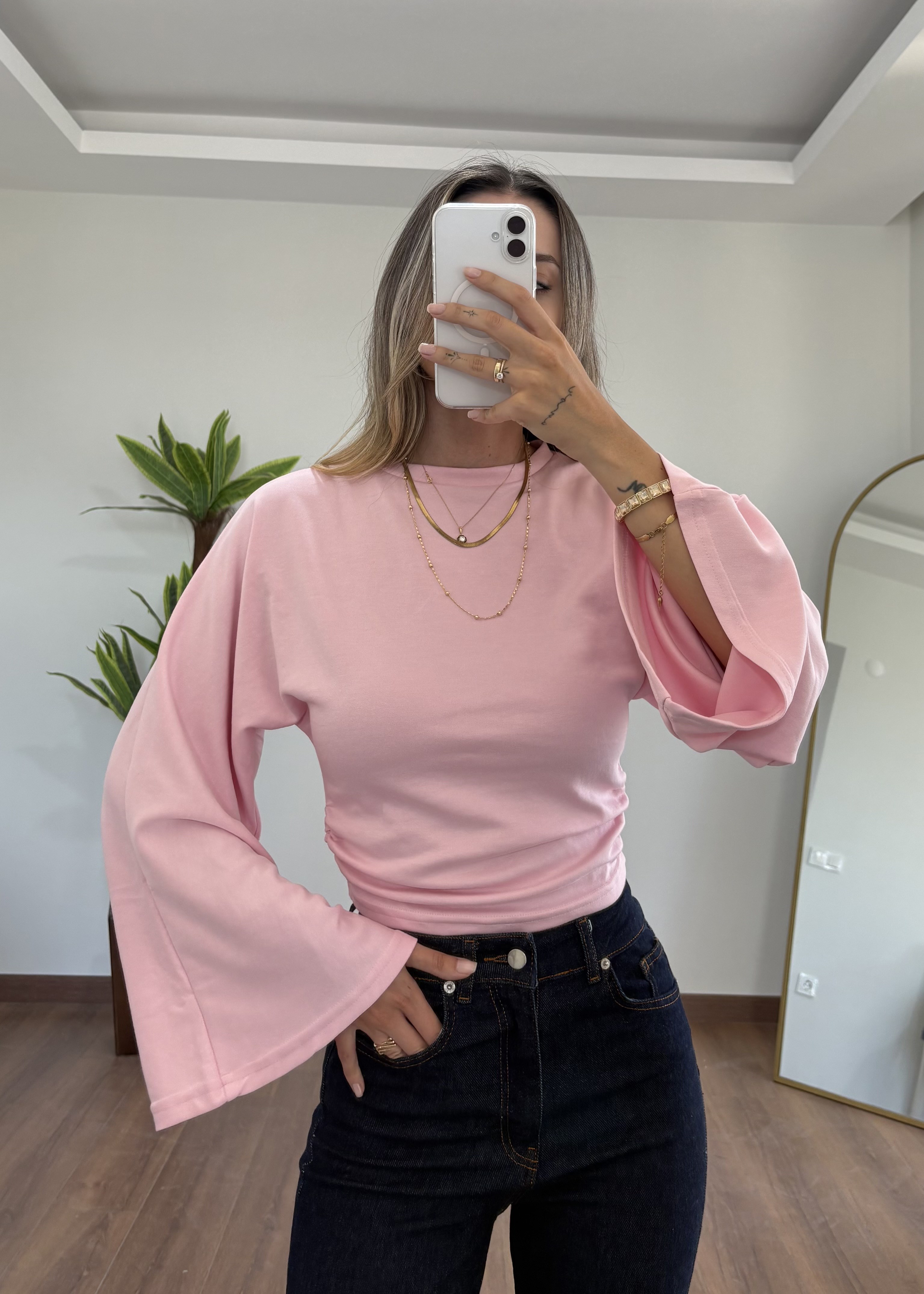 İspanyol Kol Pembe  Bluz
