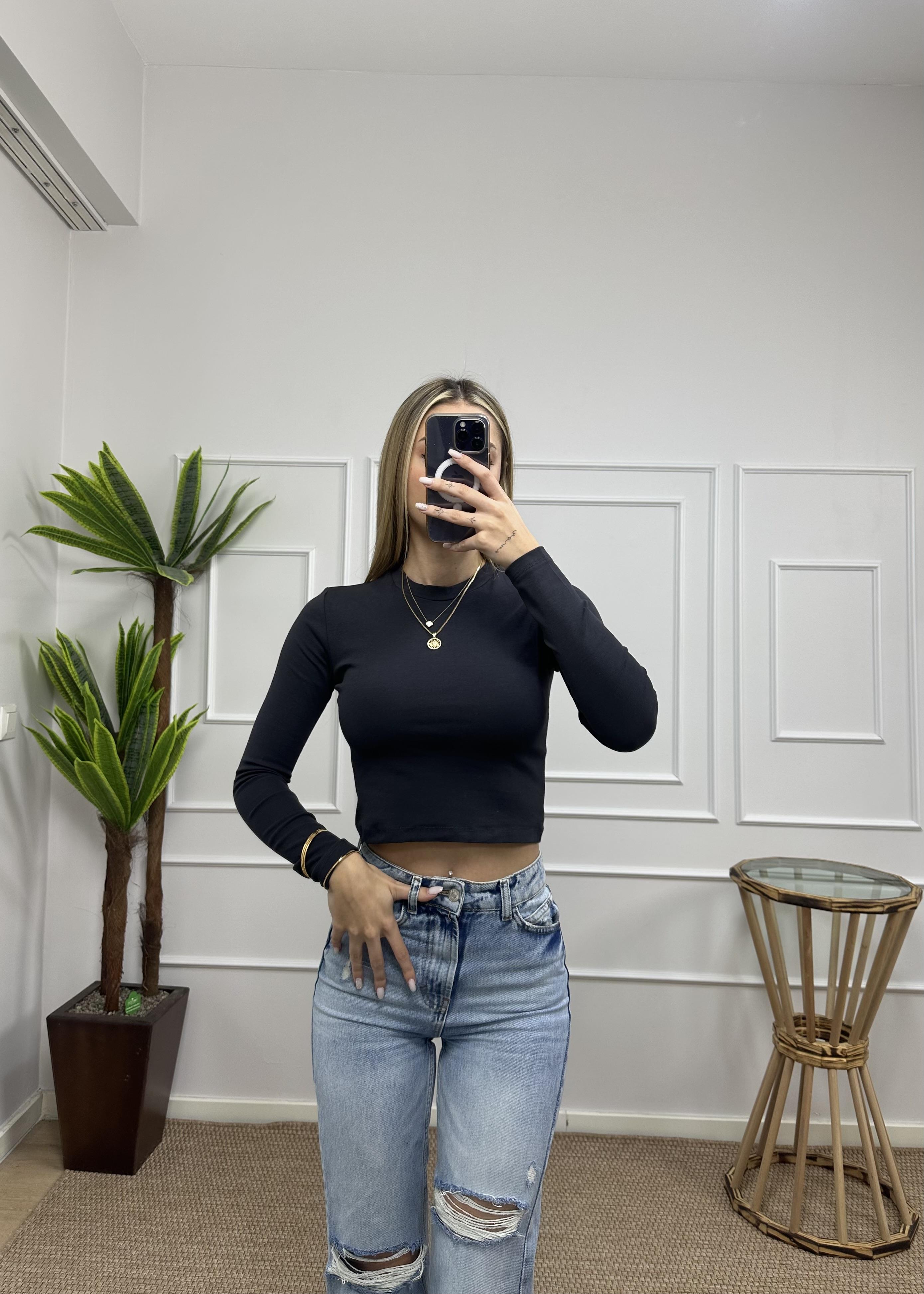 Kadın antrasit pamuklu yumuşak kumaş bisiklet yaka crop body