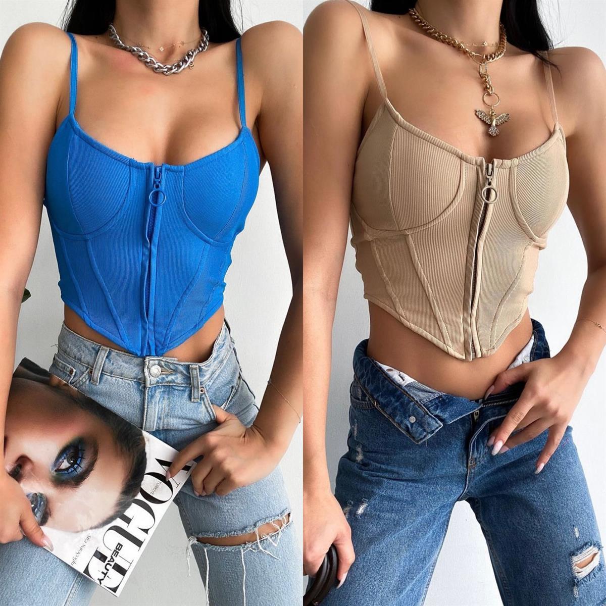 kadın askılı fermuarlı croptop