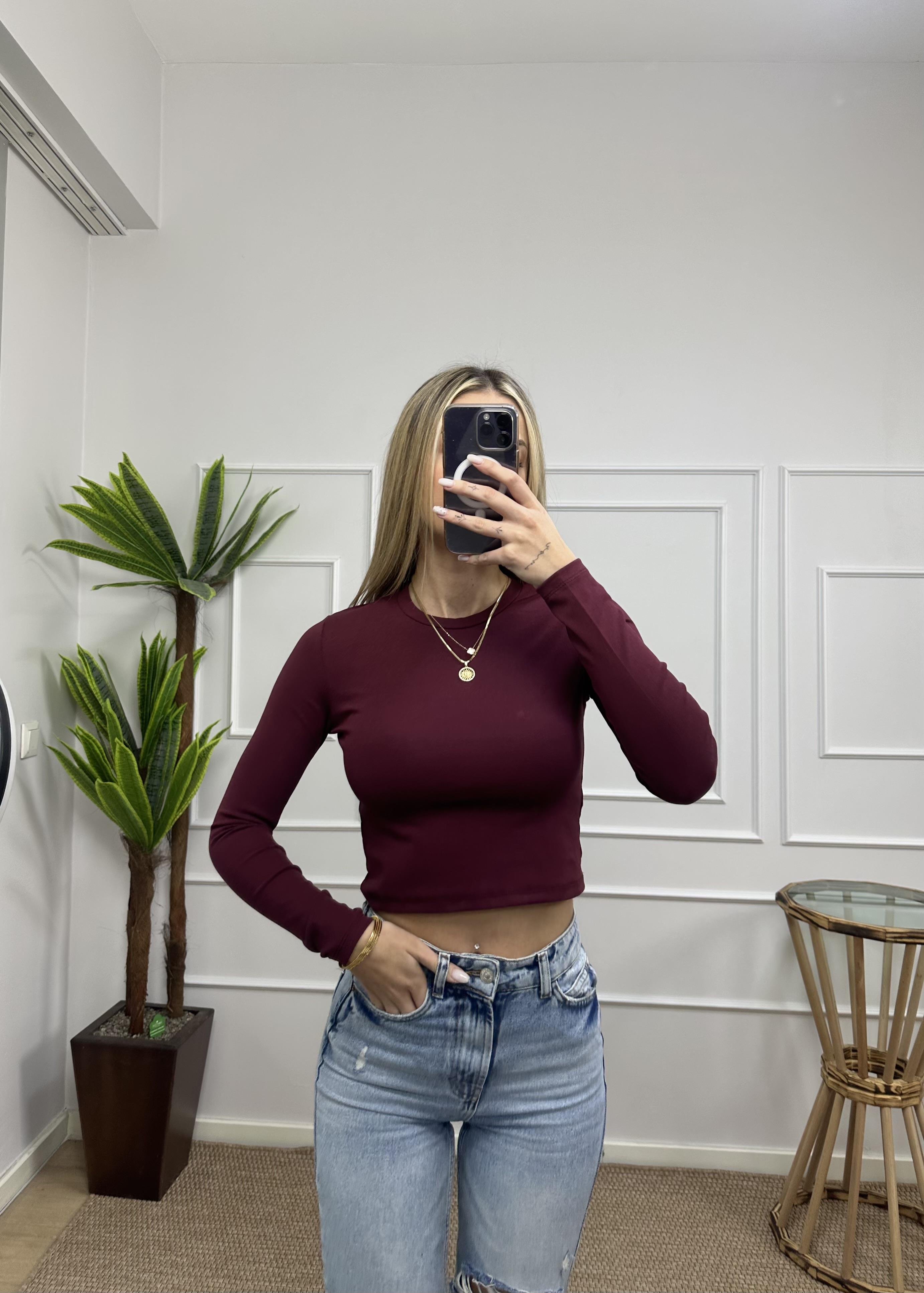 Kadın bordo pamuklu yumuşak kumaş bisiklet yaka crop body