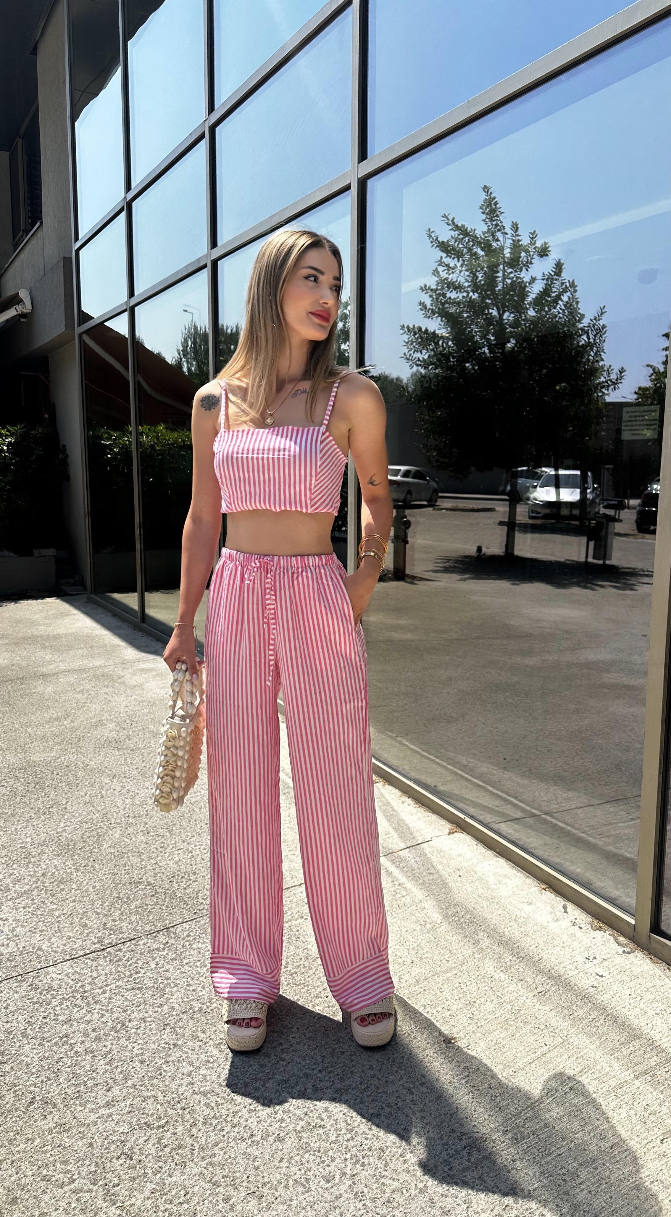 Kadın Çizgili Beli Lastikli Pantolon Crop Takım 