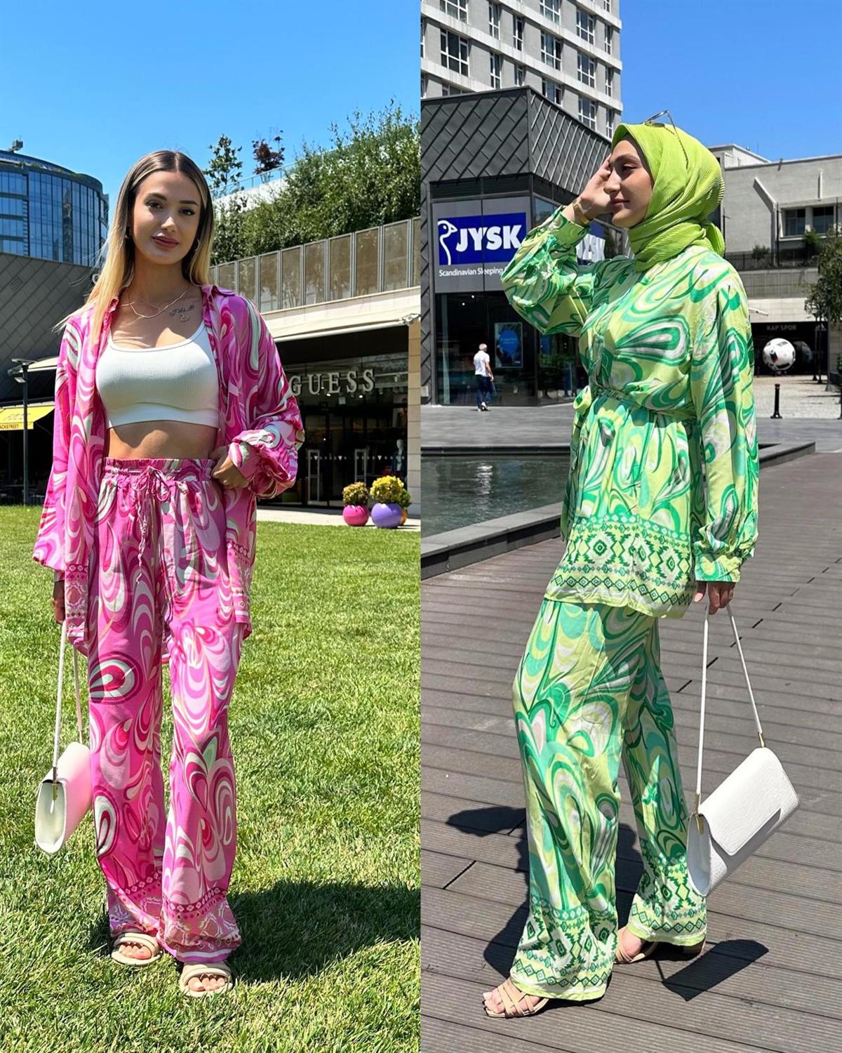 kadın çok renkli gömlek pantolon yazlık ince takım