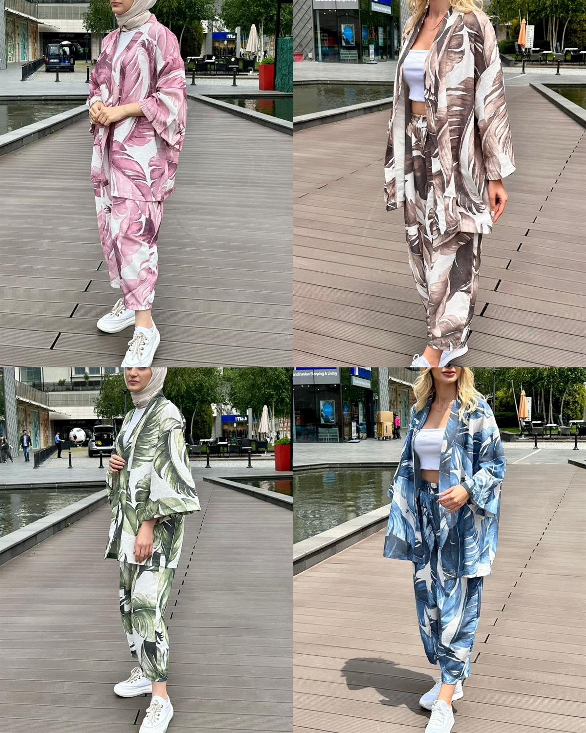 kadın desenli renkli pantolon kimono takımı