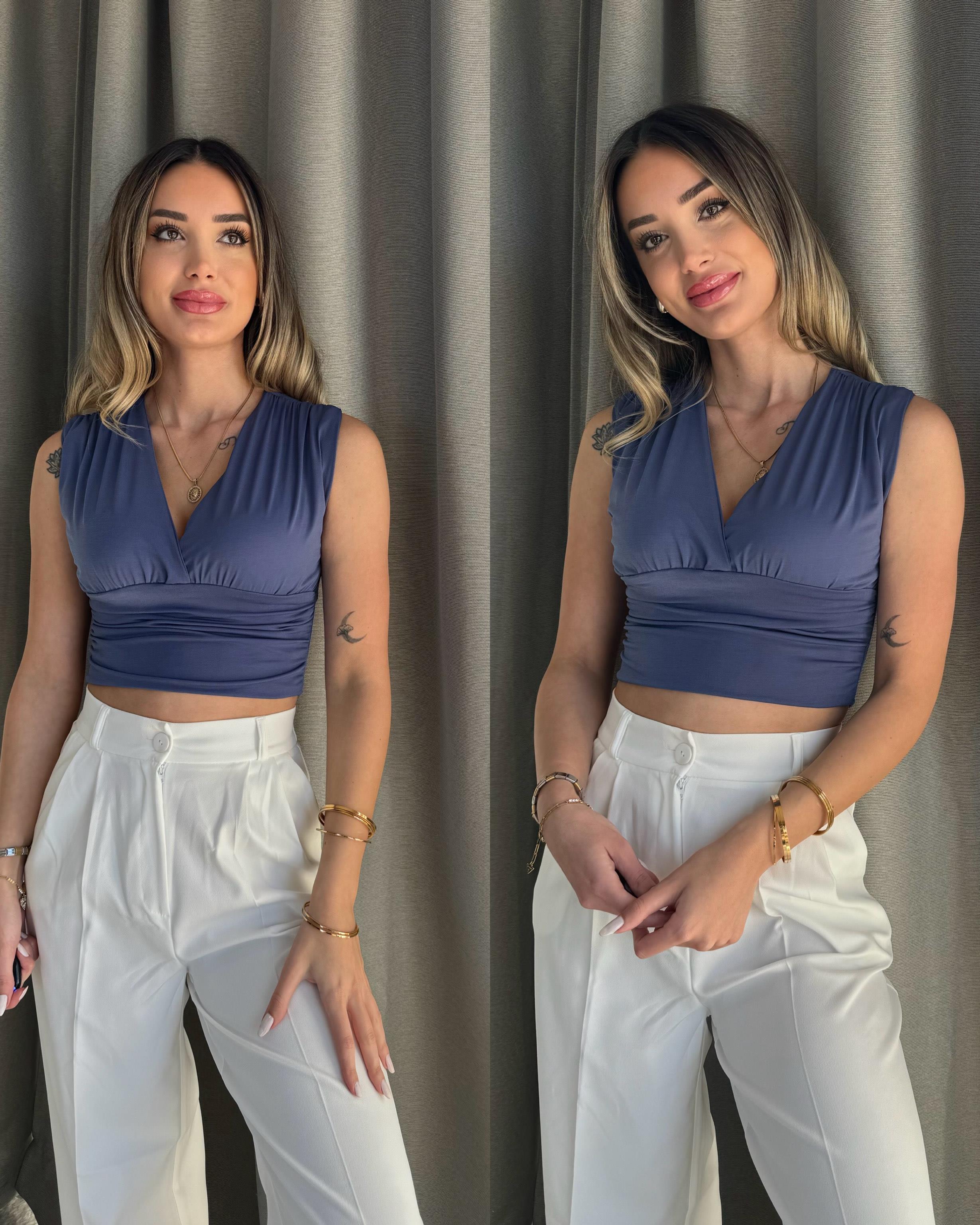 Kadın Gipeli V Yaka Mavi Crop Bluz