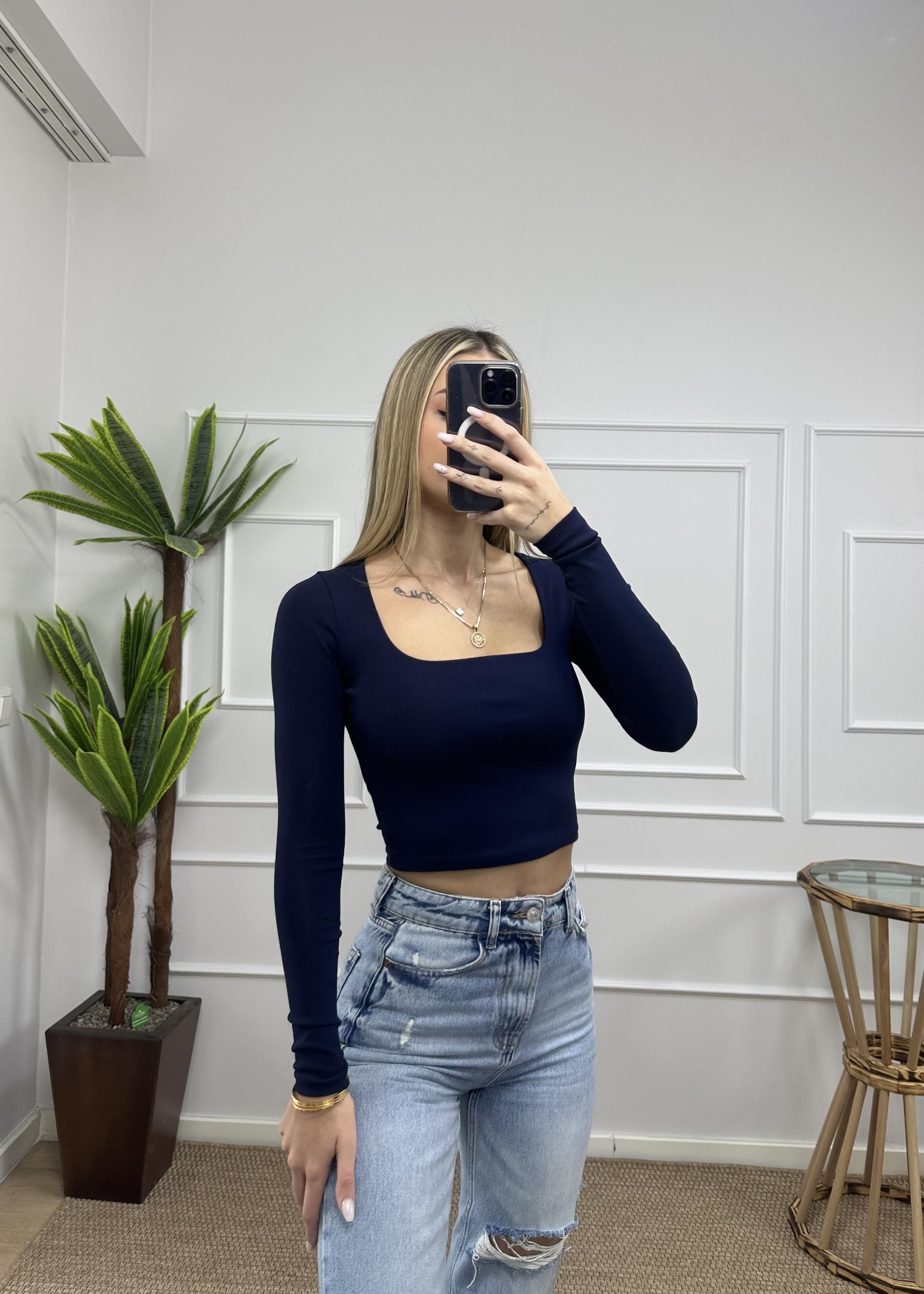 Kadın lacivert pamuklu kumaş kare yaka crop body