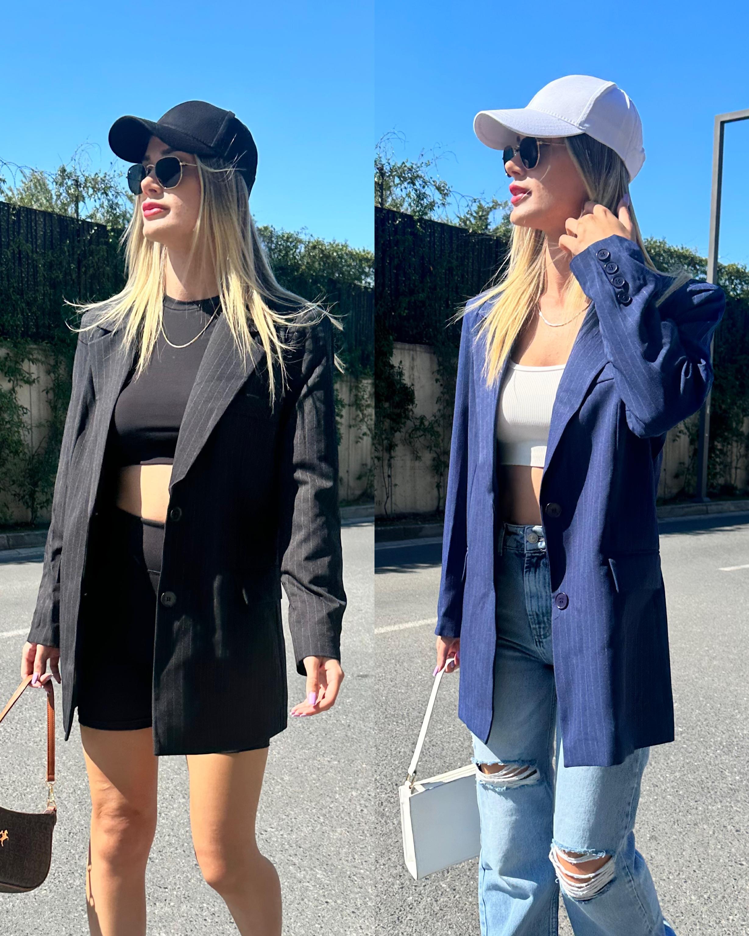kadın oversize uzun çizgili blazer ceket